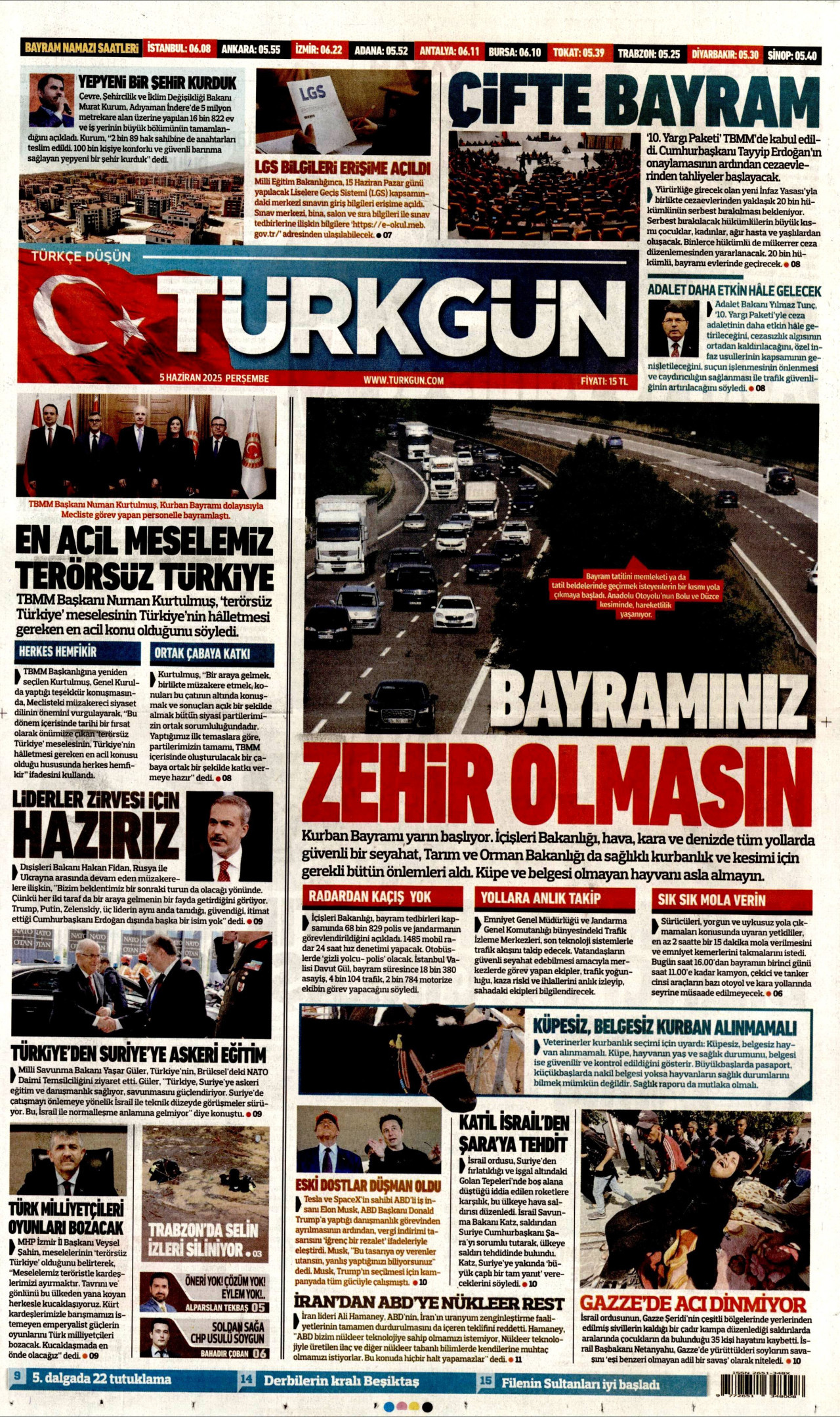 TÜRKGÜN gazetesinin 5 Haziran 2025 tarihli birinci sayfası