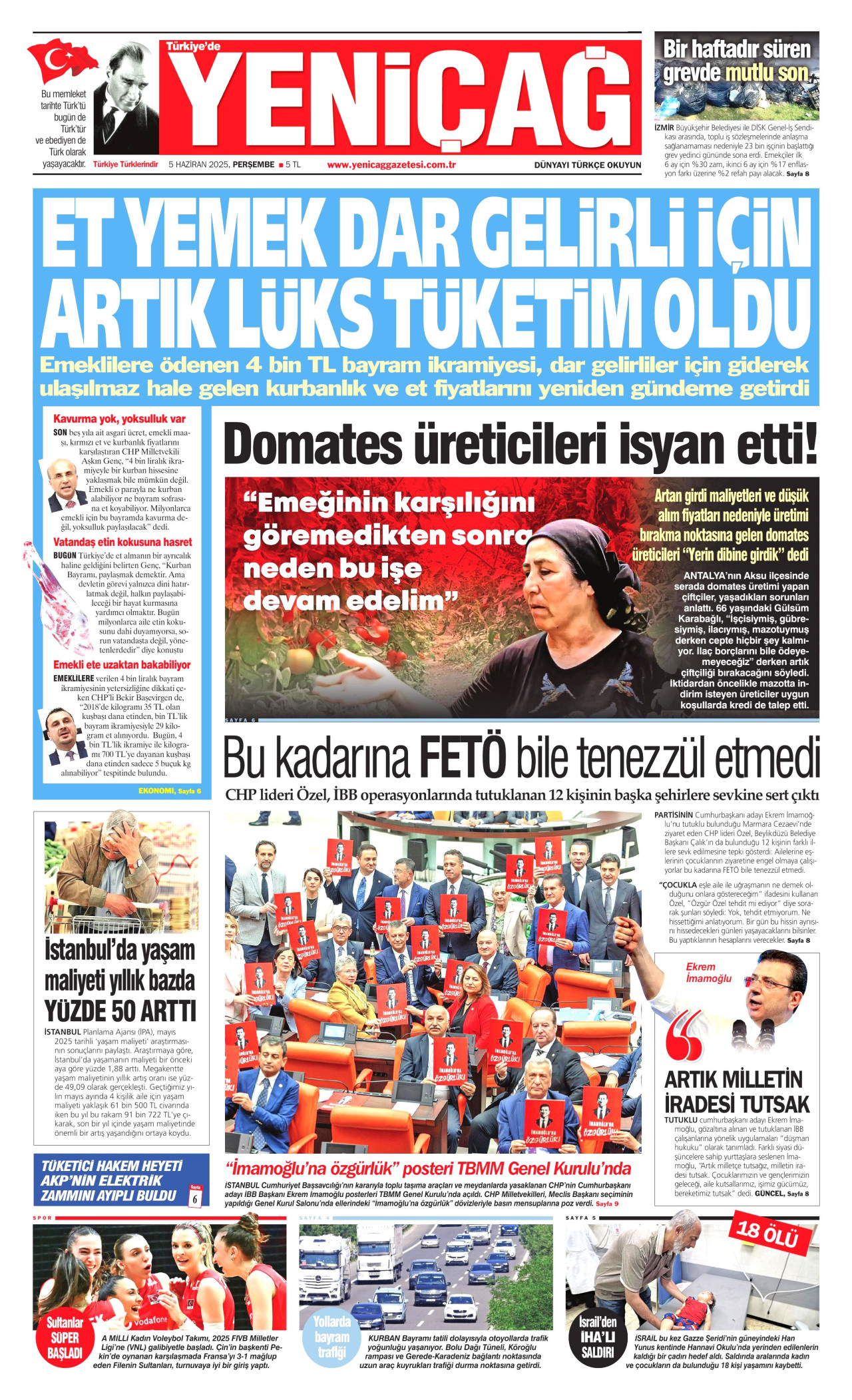 YENİÇAĞ gazetesinin 5 Haziran 2025 tarihli birinci sayfası