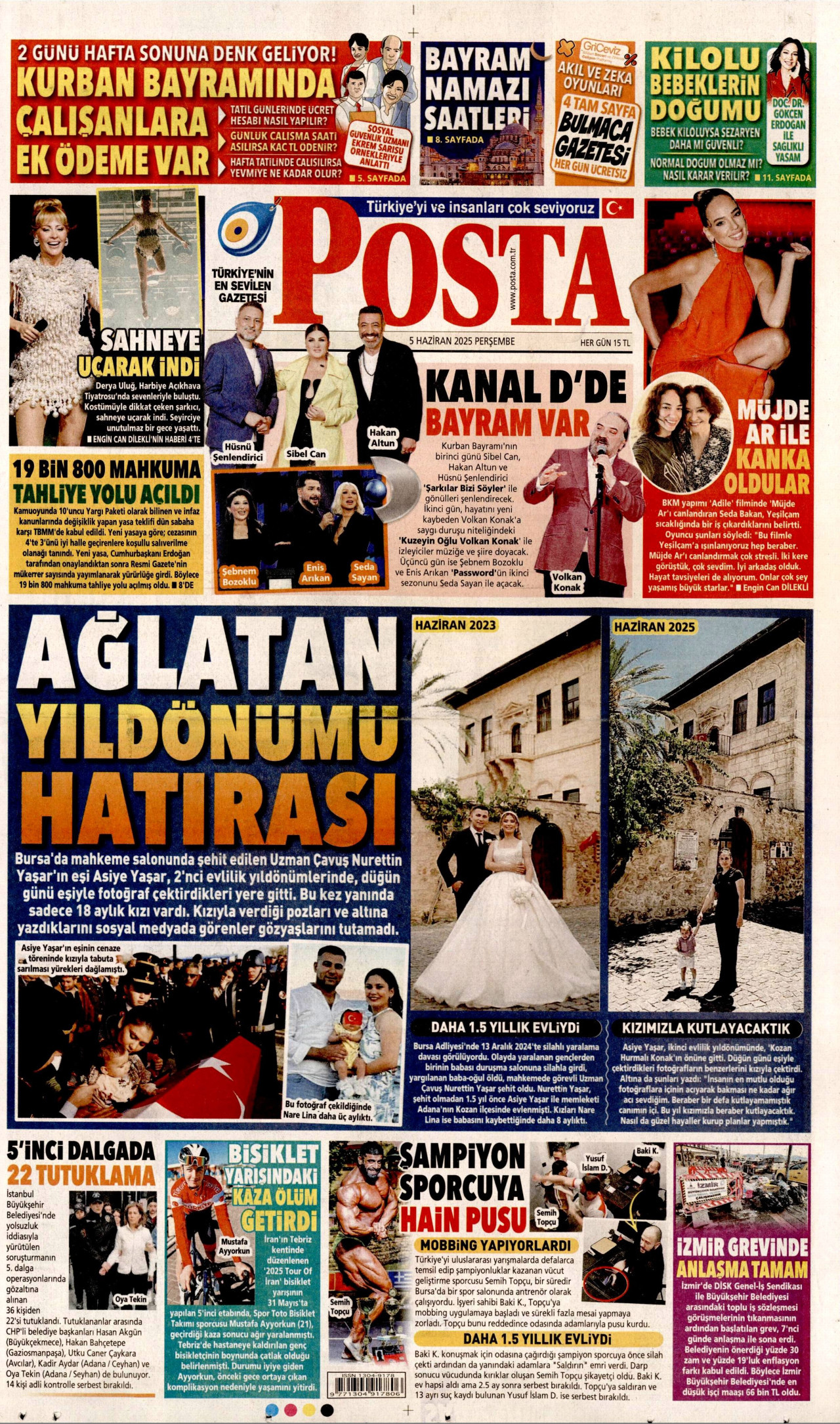 POSTA gazetesinin 5 Haziran 2025 tarihli birinci sayfası