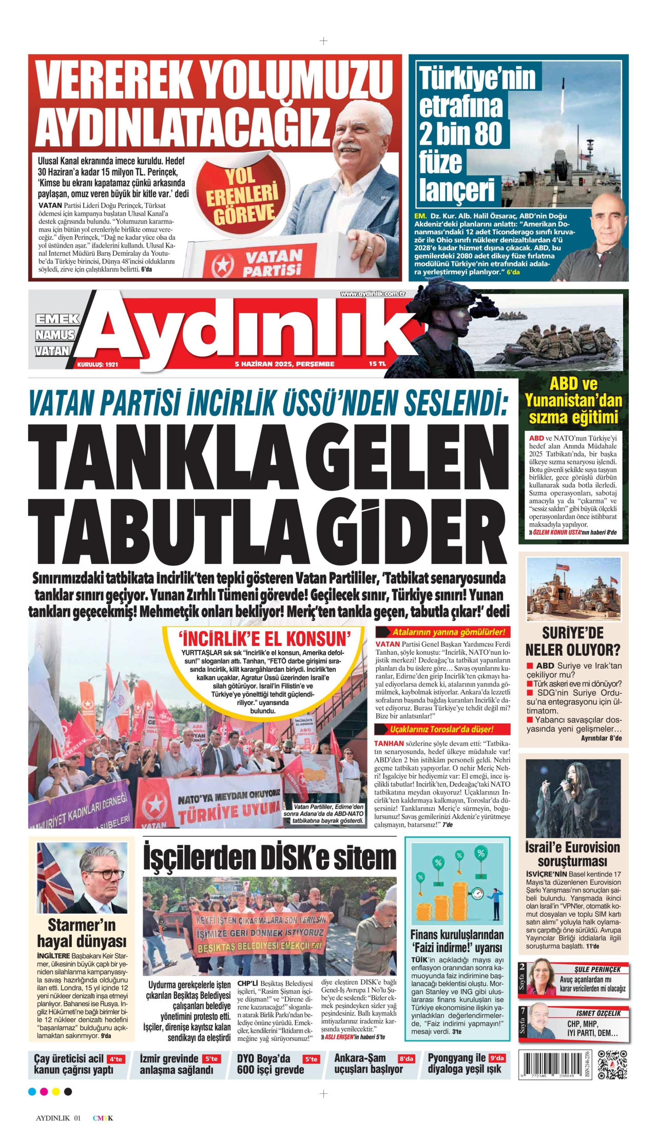 AYDINLIK GAZETESİ gazetesinin 5 Haziran 2025 tarihli birinci sayfası