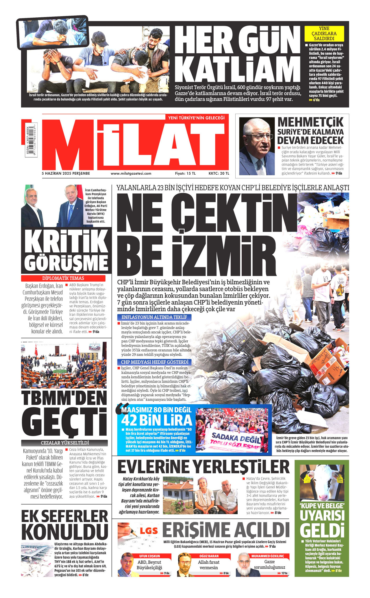 MİLAT gazetesinin 5 Haziran 2025 tarihli birinci sayfası