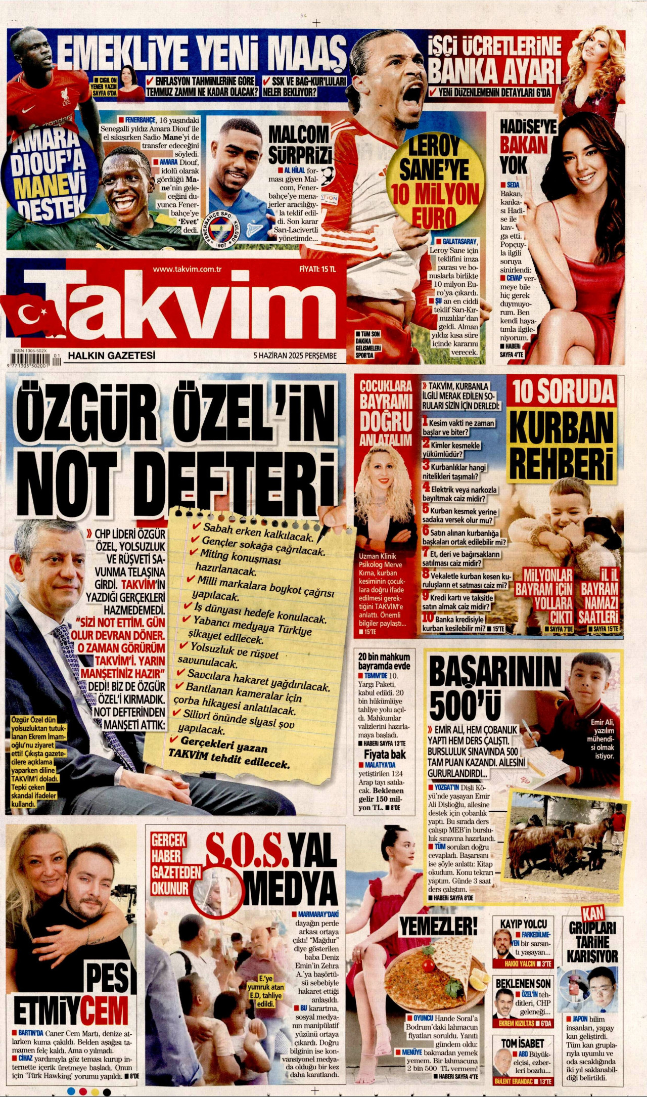 TAKVİM gazetesinin 5 Haziran 2025 tarihli birinci sayfası