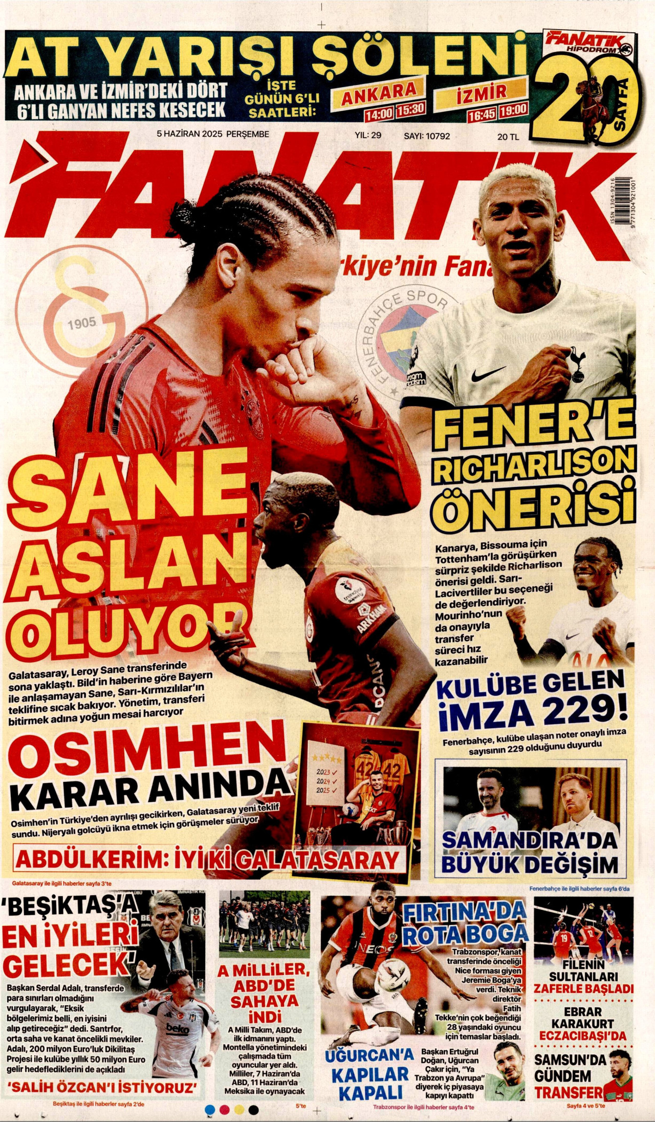 FANATİK gazetesinin 5 Haziran 2025 tarihli birinci sayfası