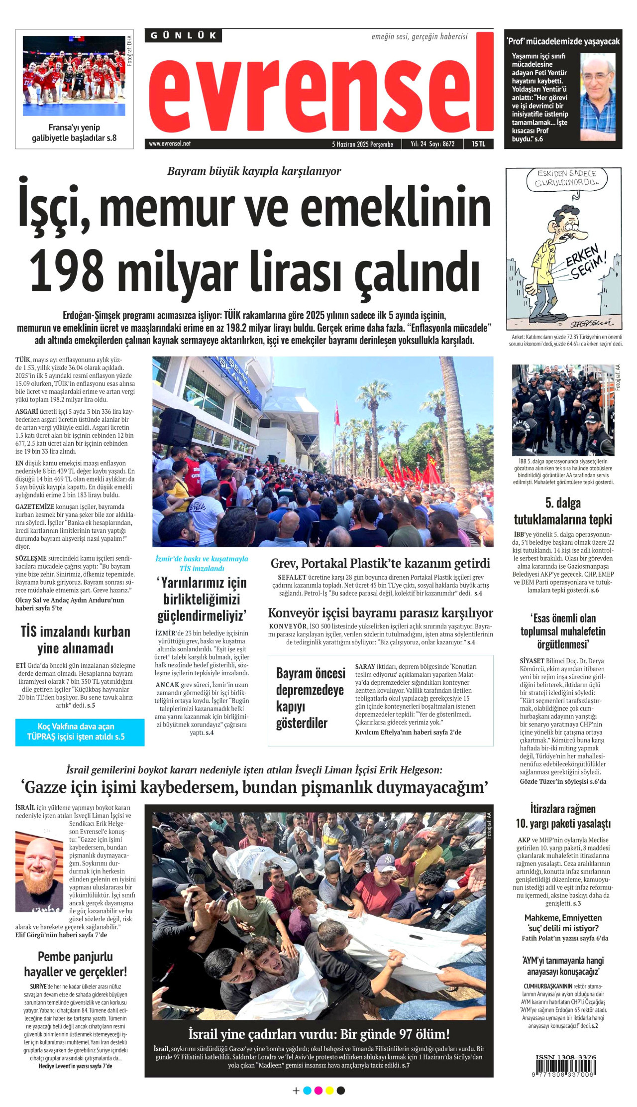 EVRENSEL gazetesinin 5 Haziran 2025 tarihli birinci sayfası