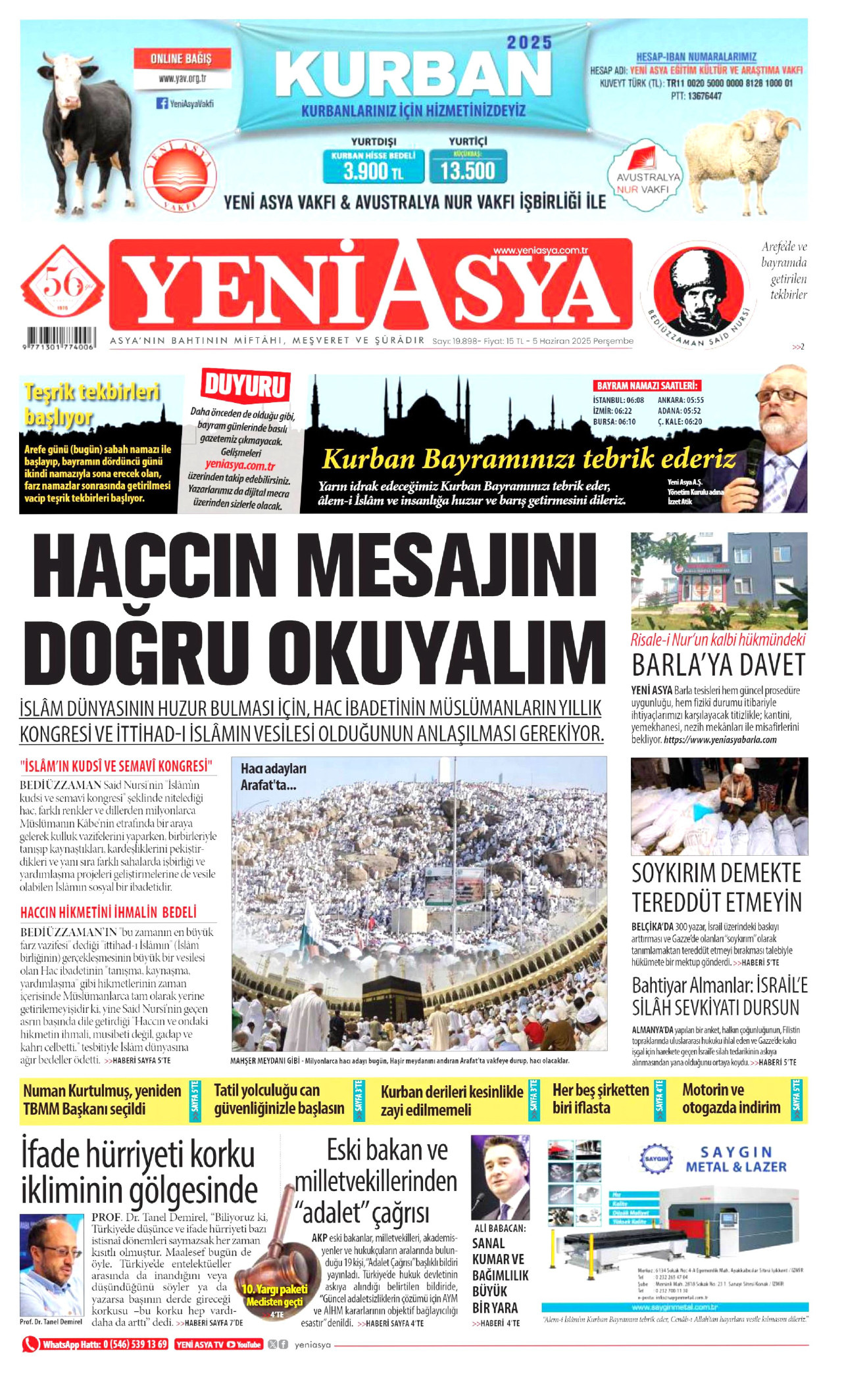 YENİ ASYA gazetesinin 5 Haziran 2025 tarihli birinci sayfası