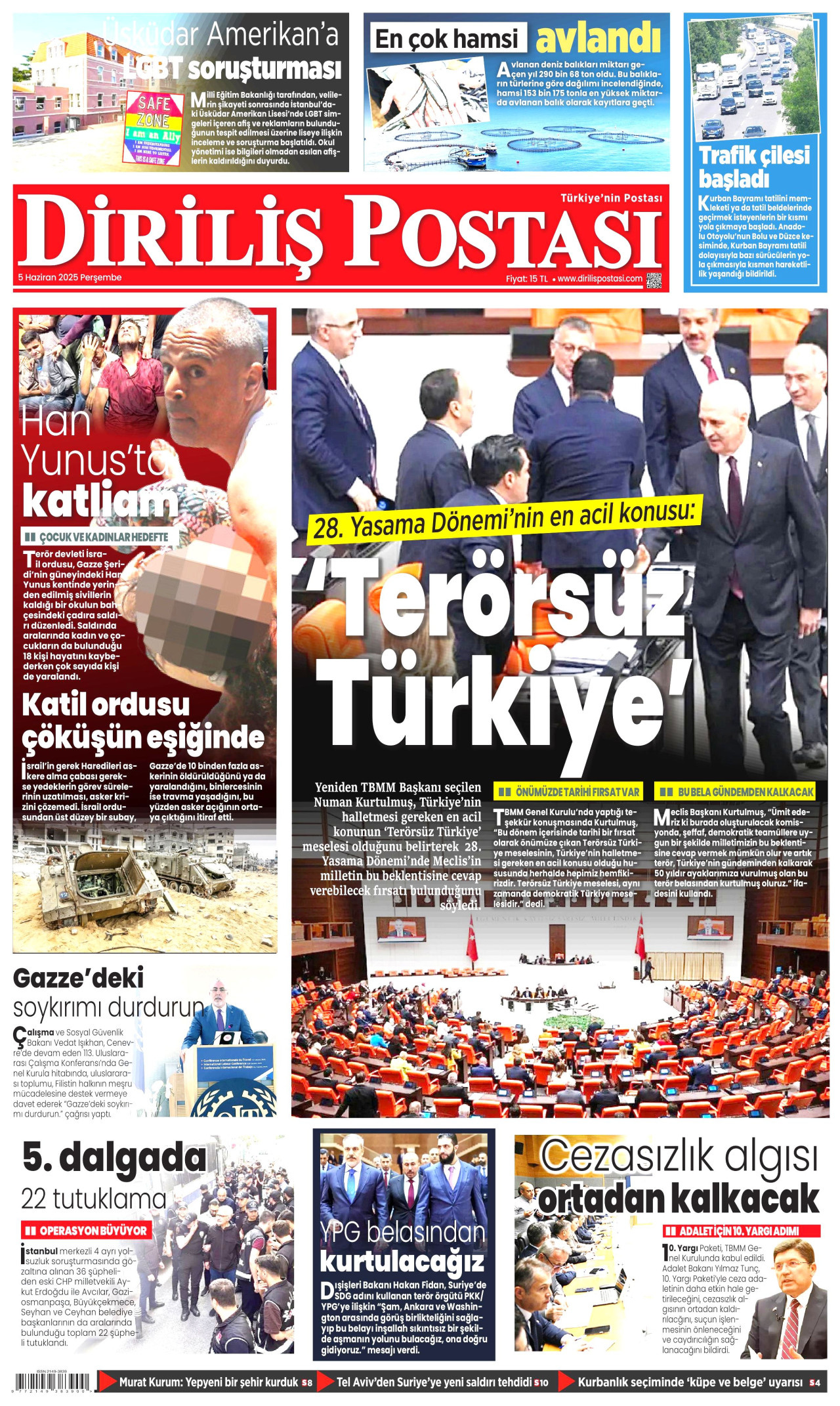 DİRİLİŞ POSTASI gazetesinin 5 Haziran 2025 tarihli birinci sayfası