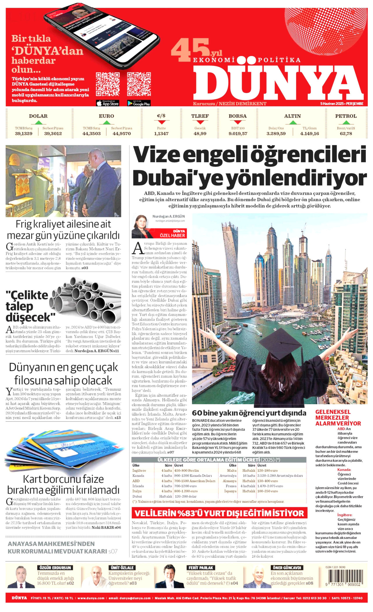 DÜNYA gazetesinin 5 Haziran 2025 tarihli birinci sayfası