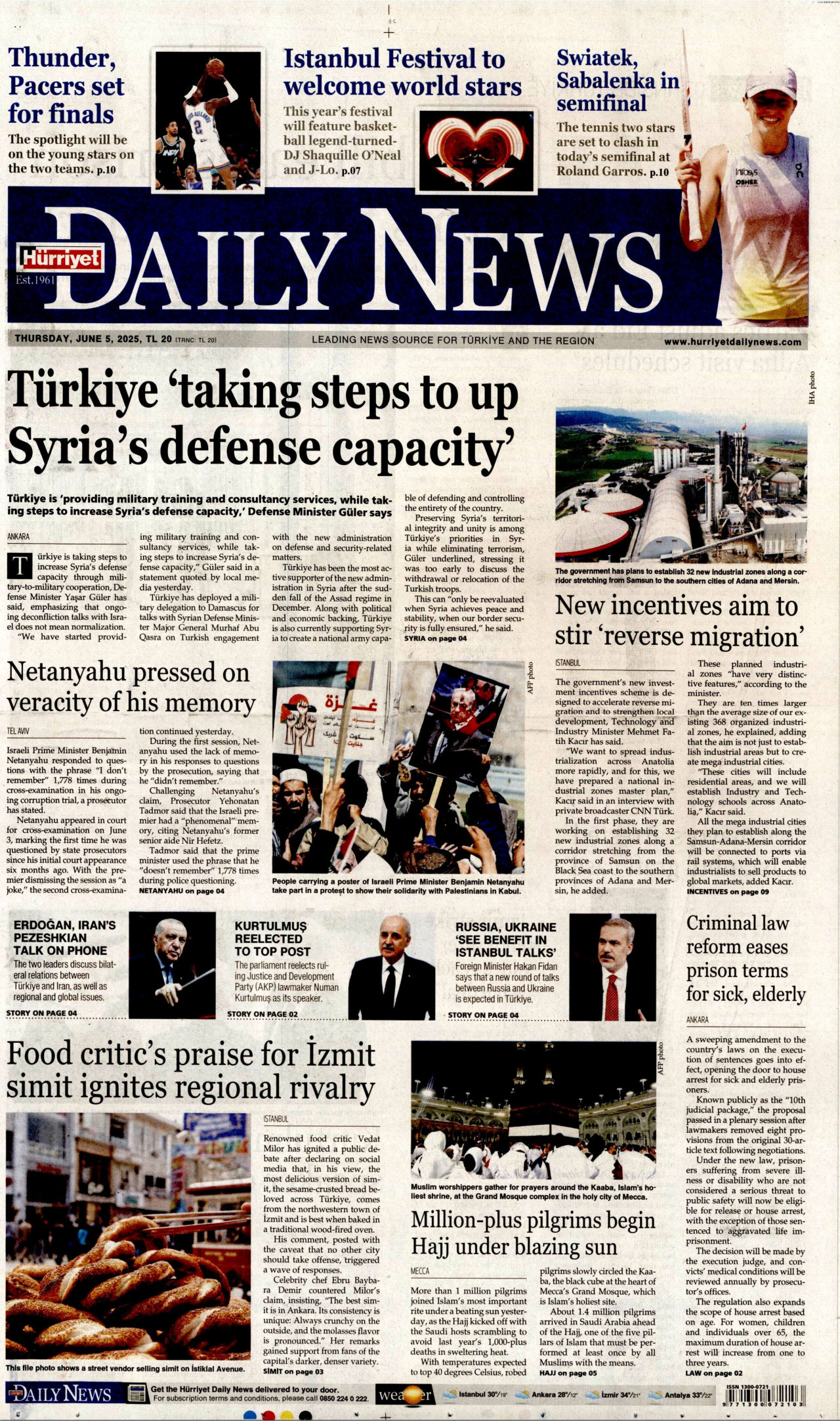 HÜRRİYET DAİLY NEWS gazetesinin 5 Haziran 2025 tarihli birinci sayfası