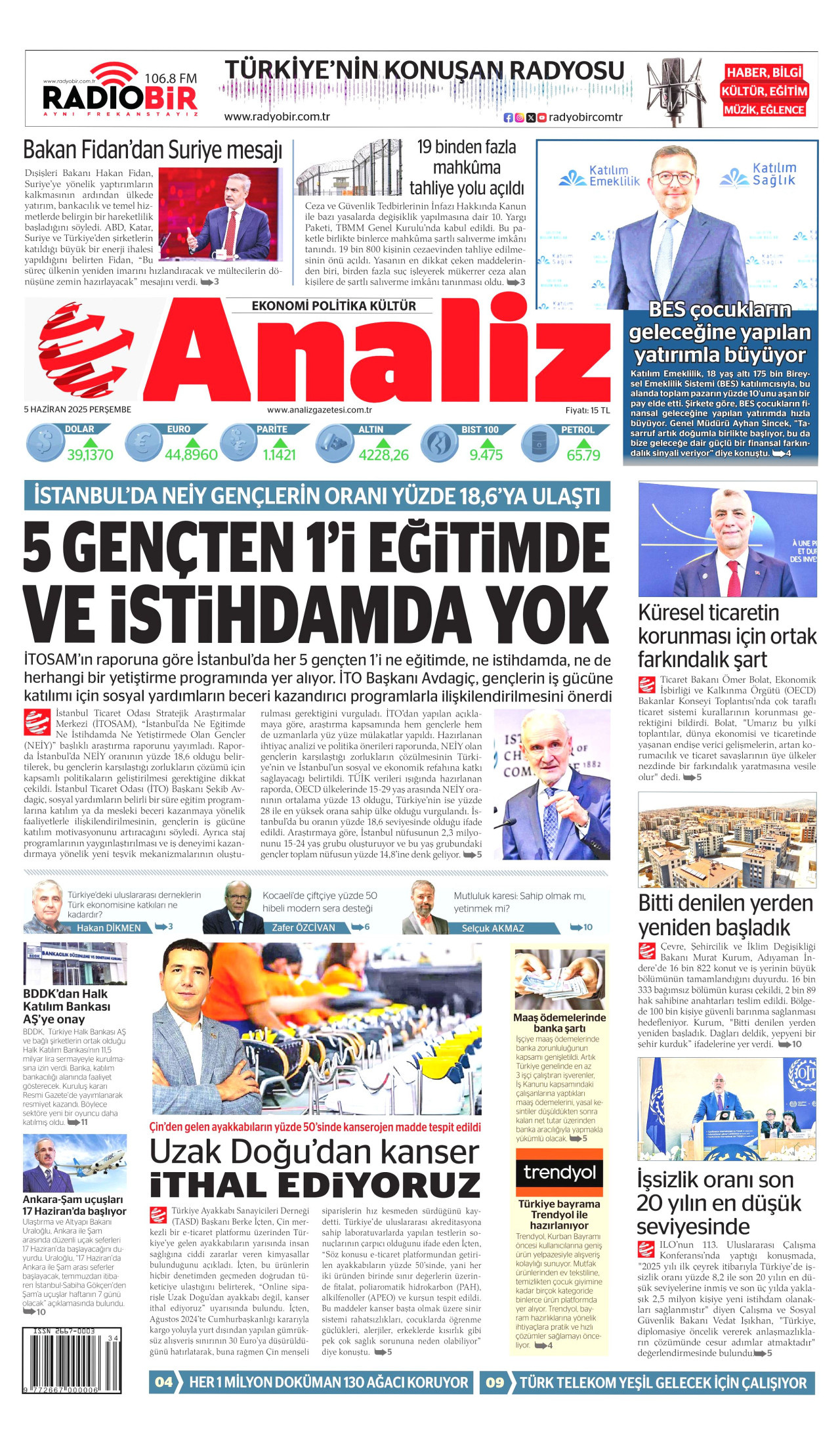 ANALİZ gazetesinin 5 Haziran 2025 tarihli birinci sayfası