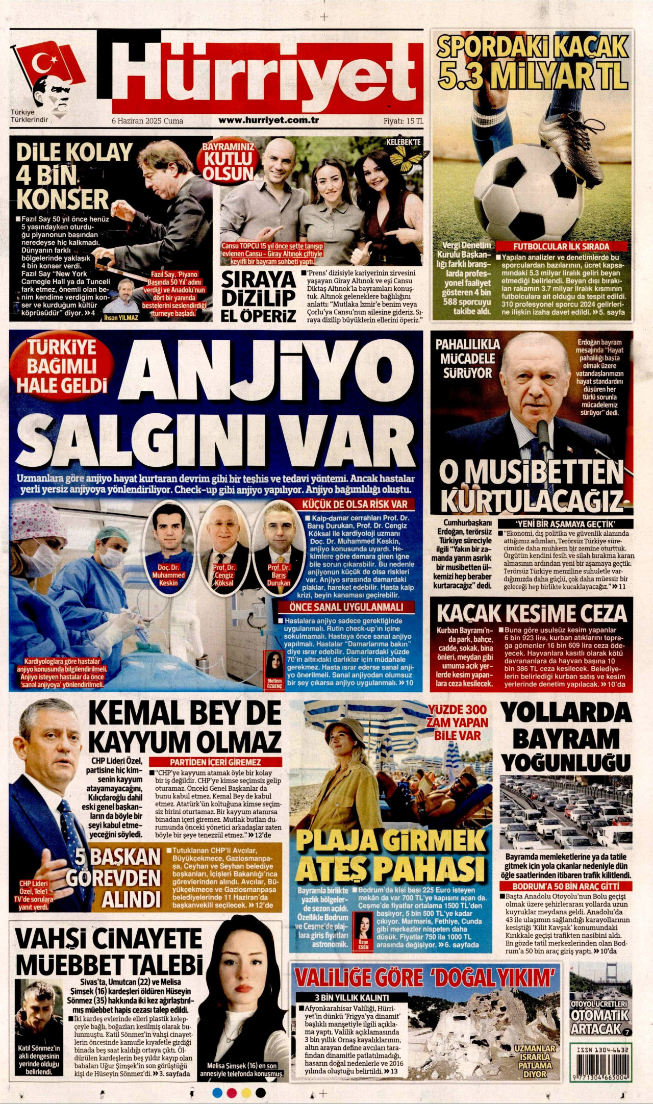 HÜRRİYET gazetesinin 6 Haziran 2025 tarihli birinci sayfası