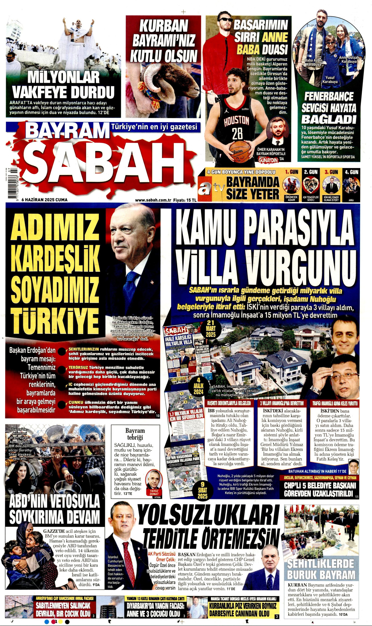 SABAH gazetesinin 6 Haziran 2025 tarihli birinci sayfası