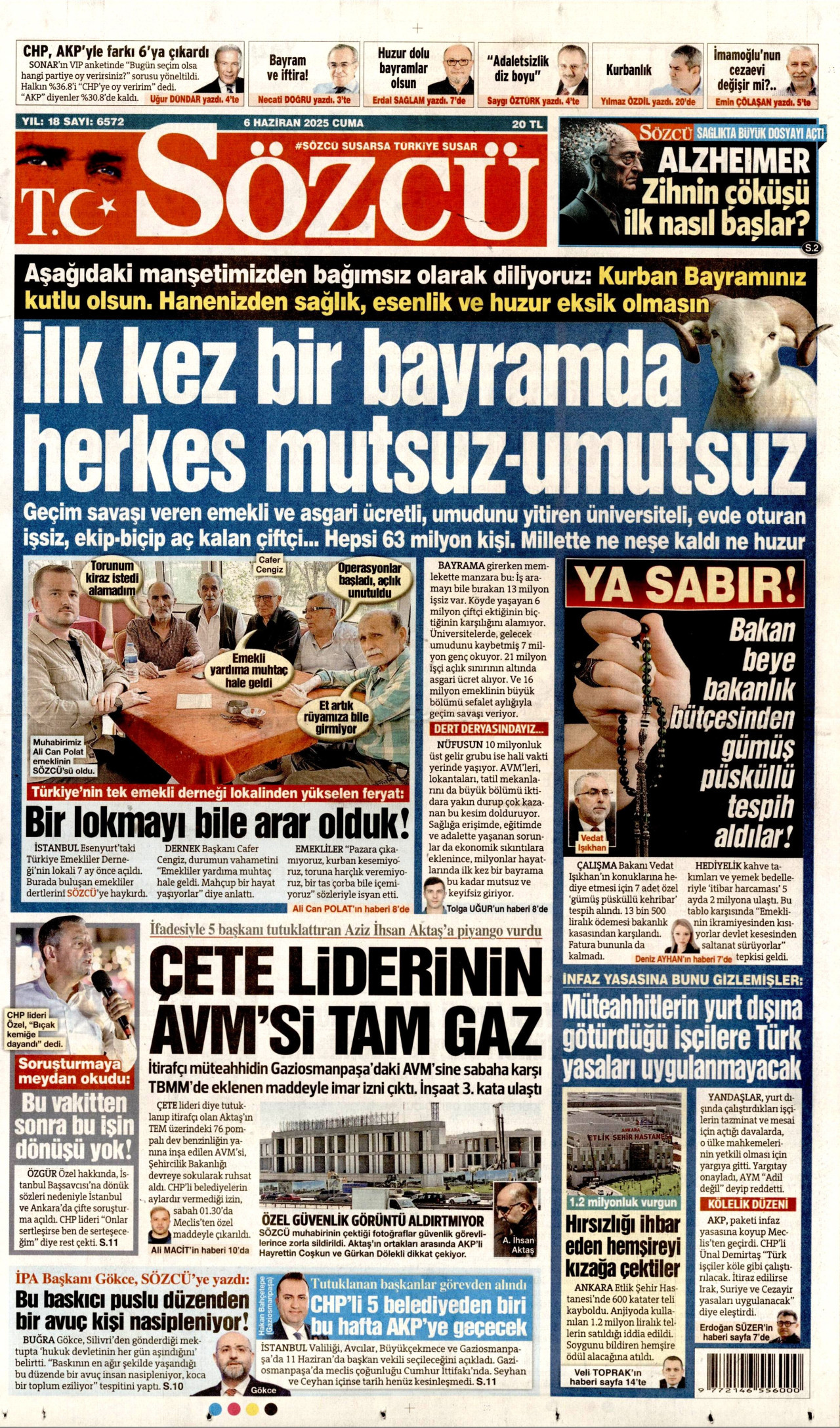 SÖZCÜ gazetesinin 6 Haziran 2025 tarihli birinci sayfası
