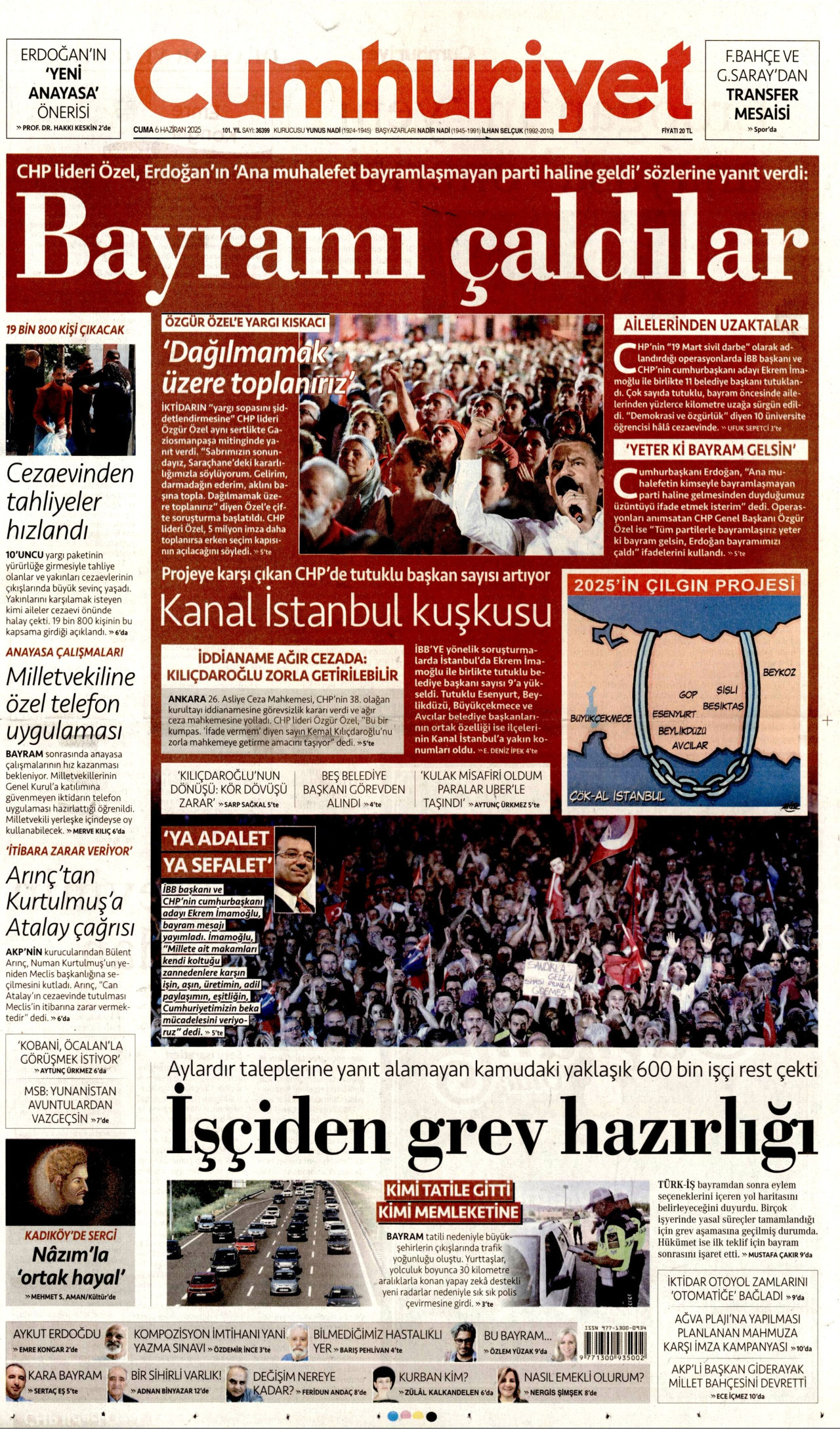 CUMHURİYET gazetesinin 6 Haziran 2025 tarihli birinci sayfası