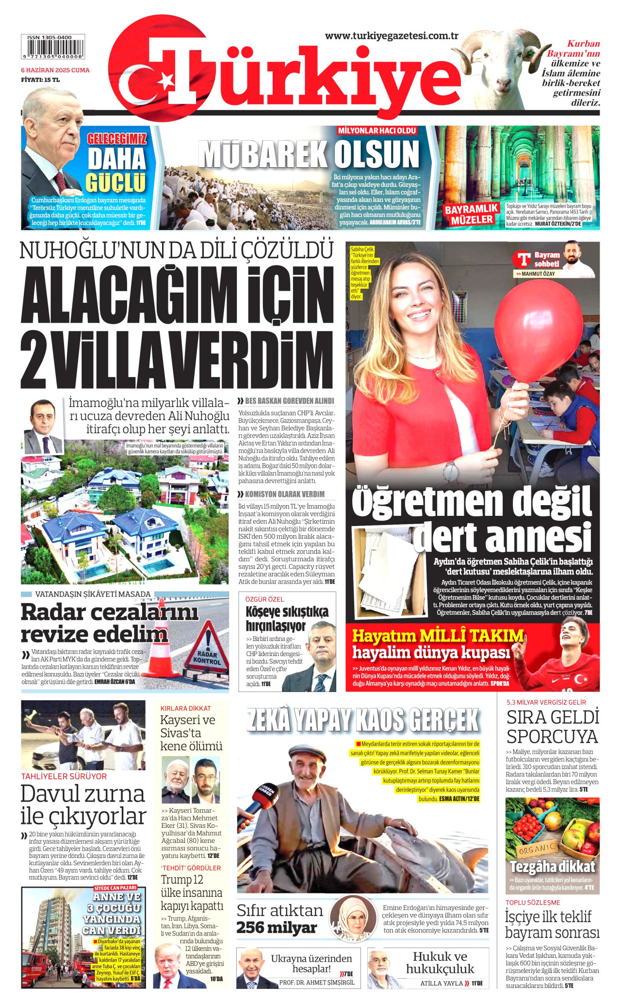 TÜRKİYE GAZETESİ gazetesinin 6 Haziran 2025 tarihli birinci sayfası