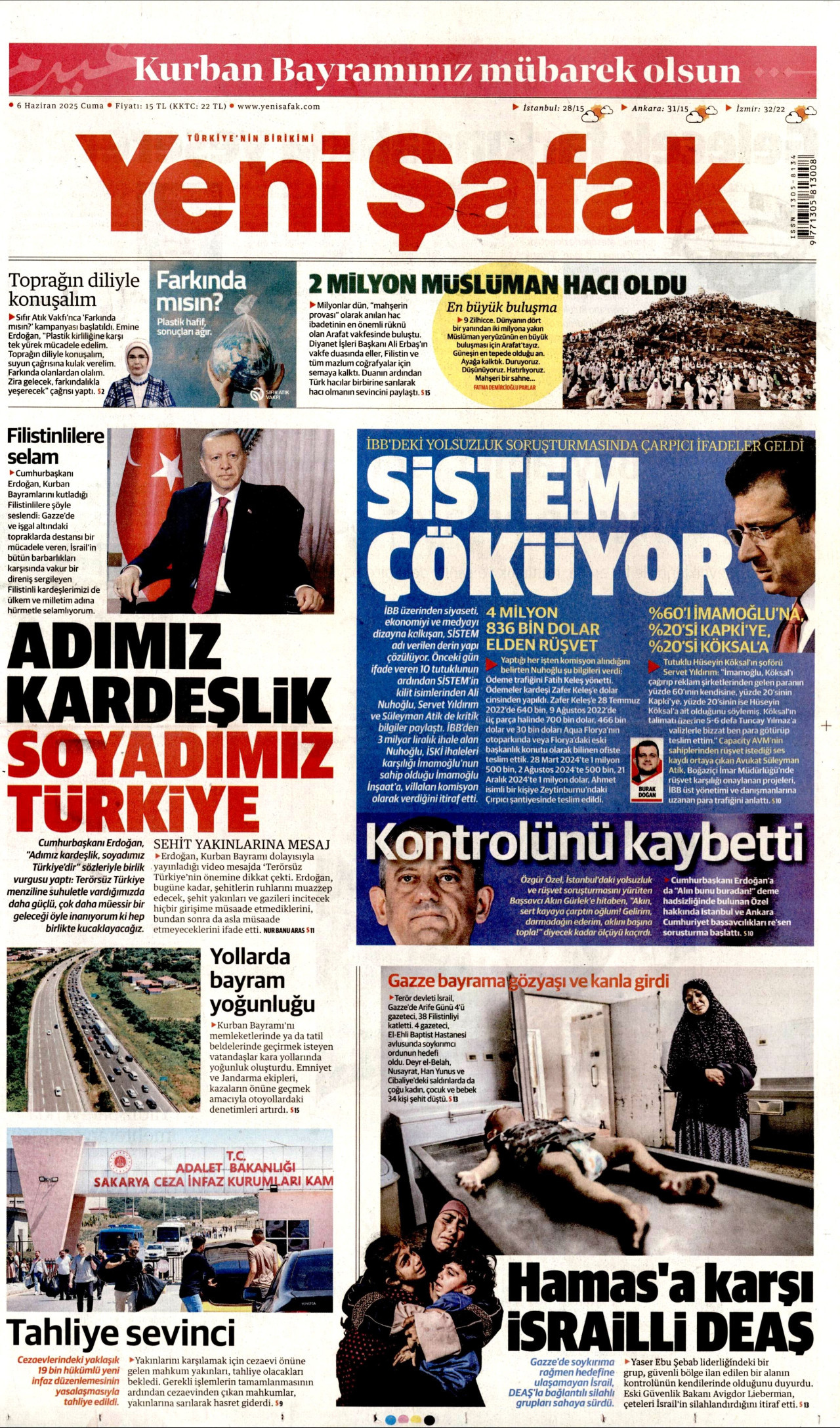 YENİ ŞAFAK gazetesinin 6 Haziran 2025 tarihli birinci sayfası