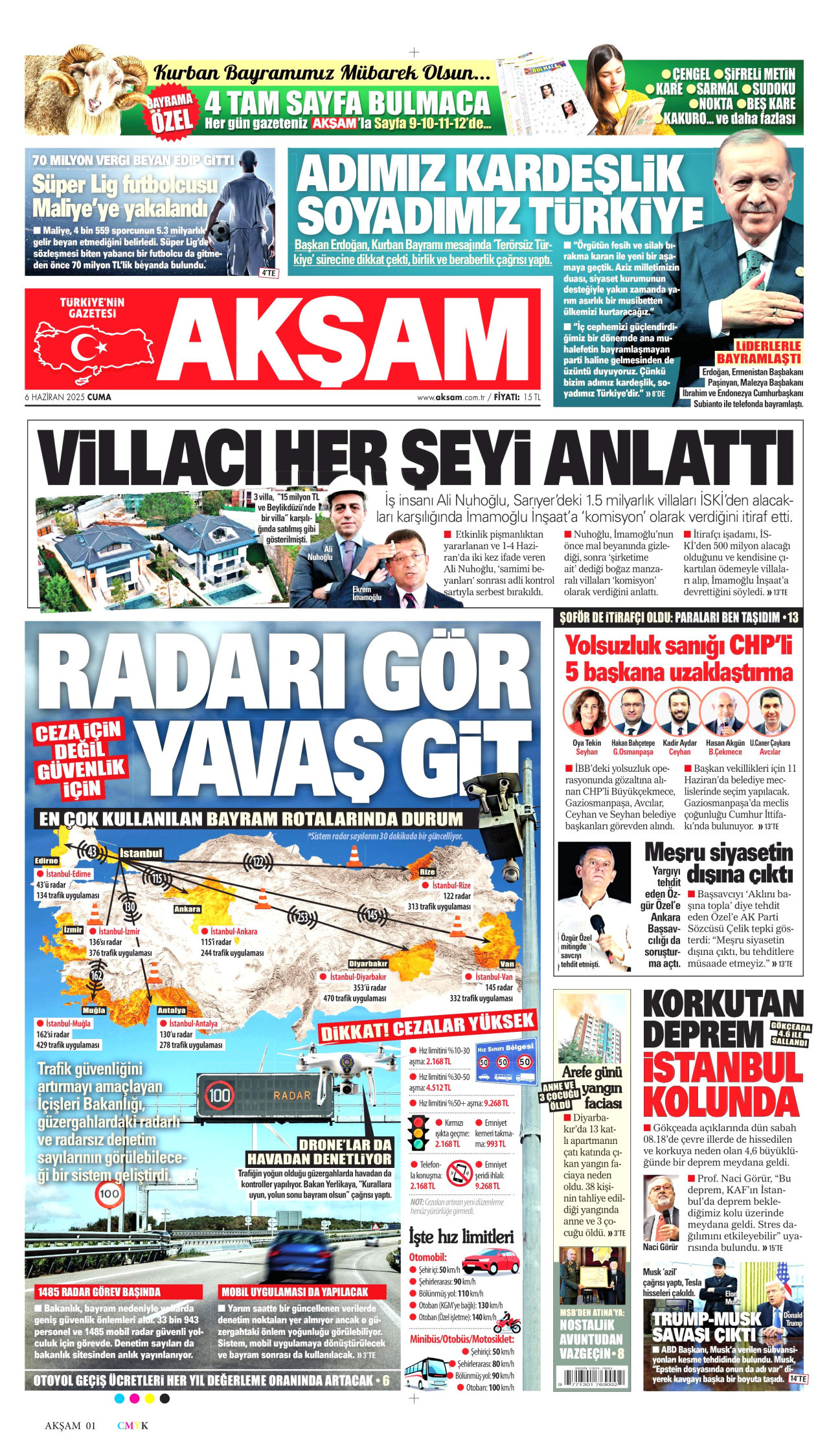 AKŞAM gazetesinin 6 Haziran 2025 tarihli birinci sayfası