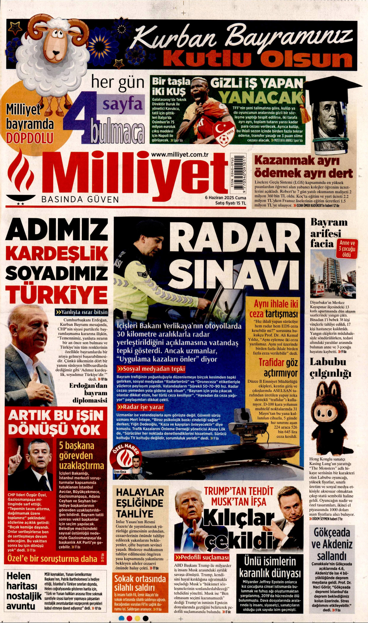 MİLLİYET gazetesinin 6 Haziran 2025 tarihli birinci sayfası