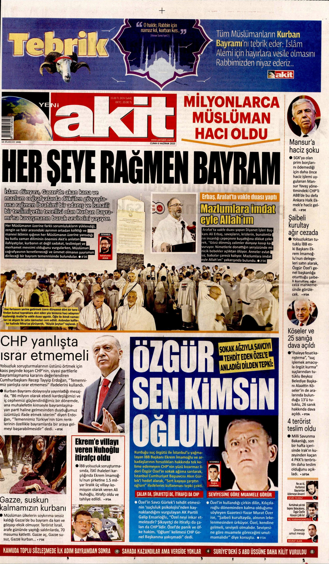 YENİ AKİT gazetesinin 6 Haziran 2025 tarihli birinci sayfası