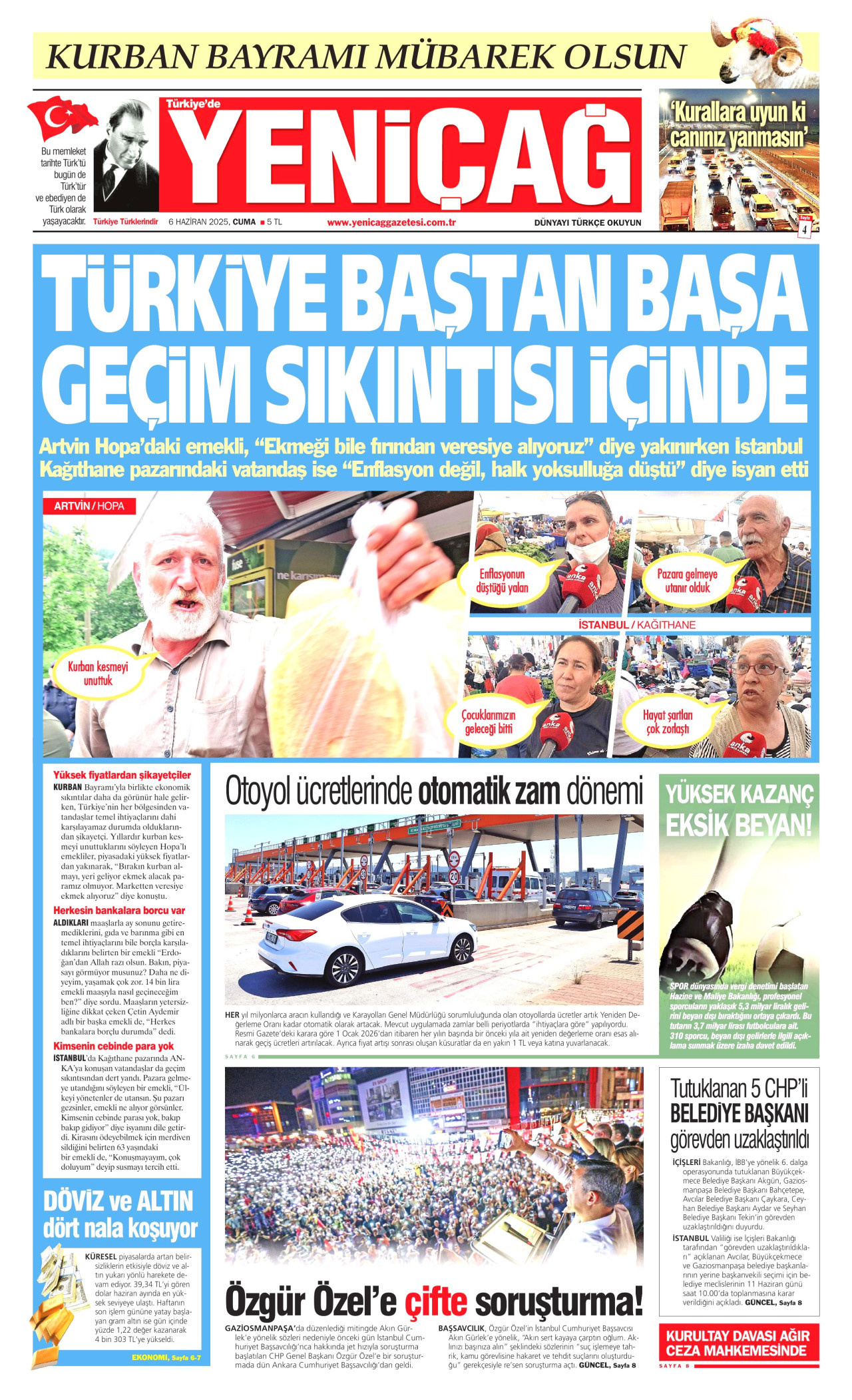 YENİÇAĞ gazetesinin 6 Haziran 2025 tarihli birinci sayfası