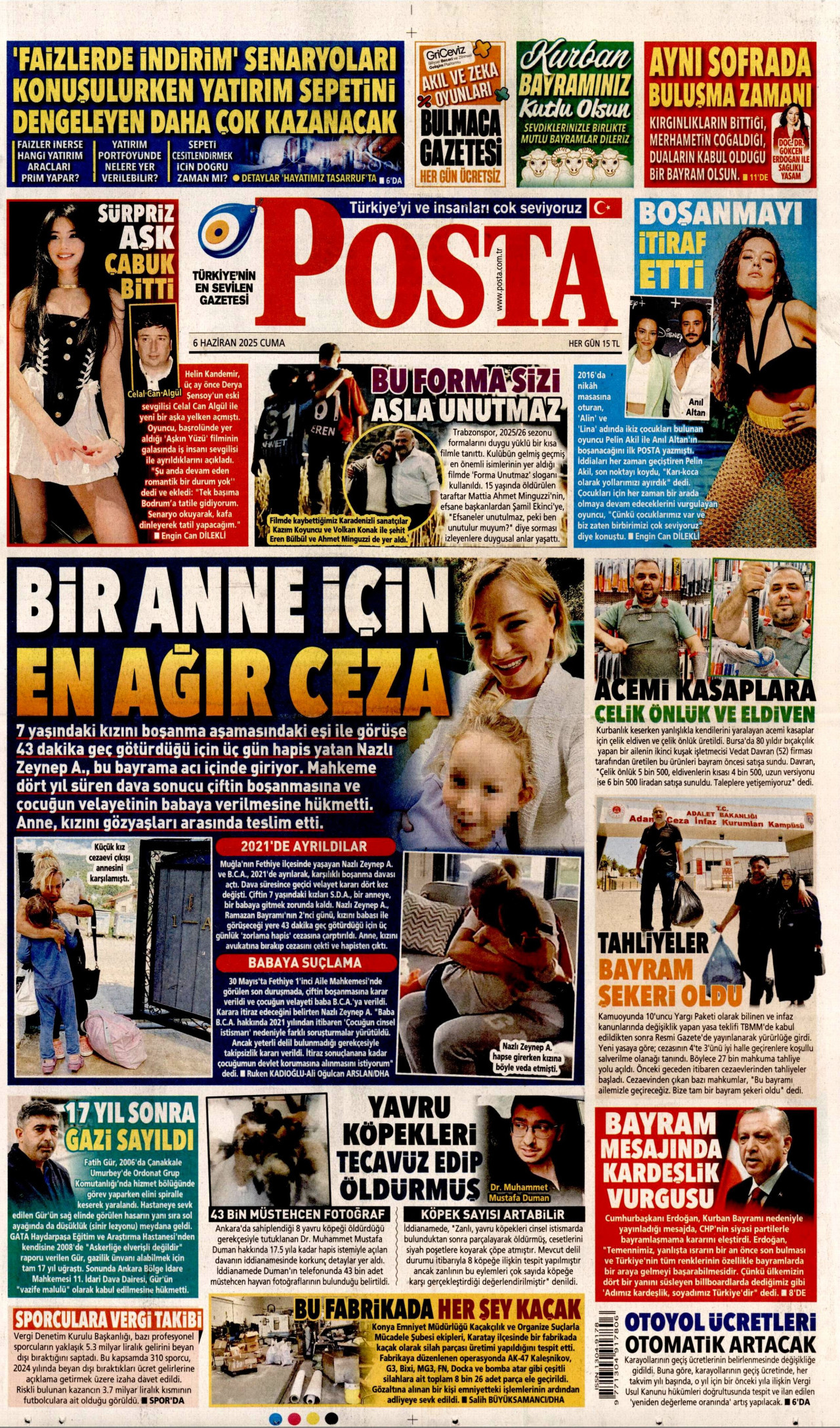 POSTA gazetesinin 6 Haziran 2025 tarihli birinci sayfası