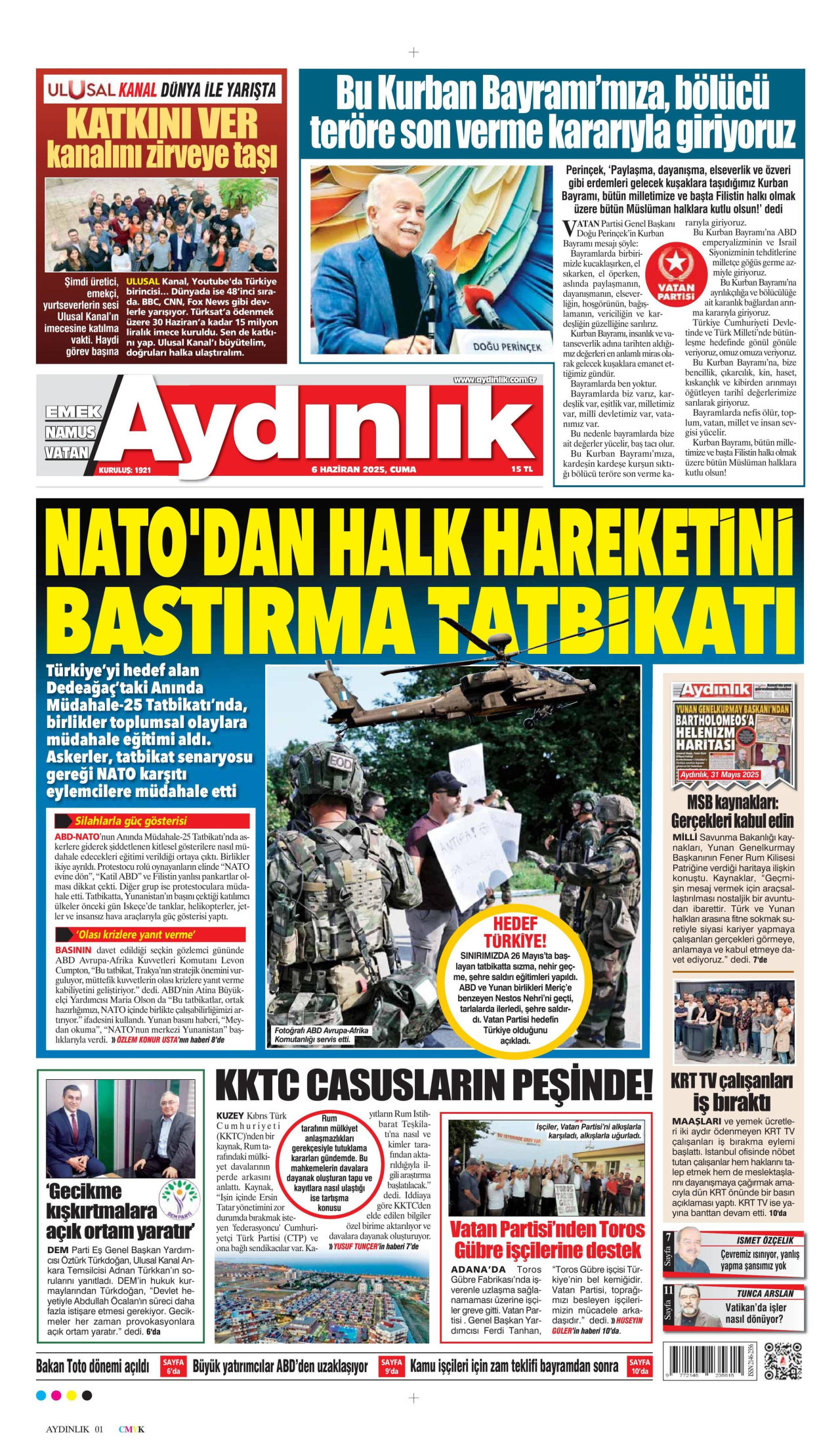 AYDINLIK GAZETESİ gazetesinin 6 Haziran 2025 tarihli birinci sayfası
