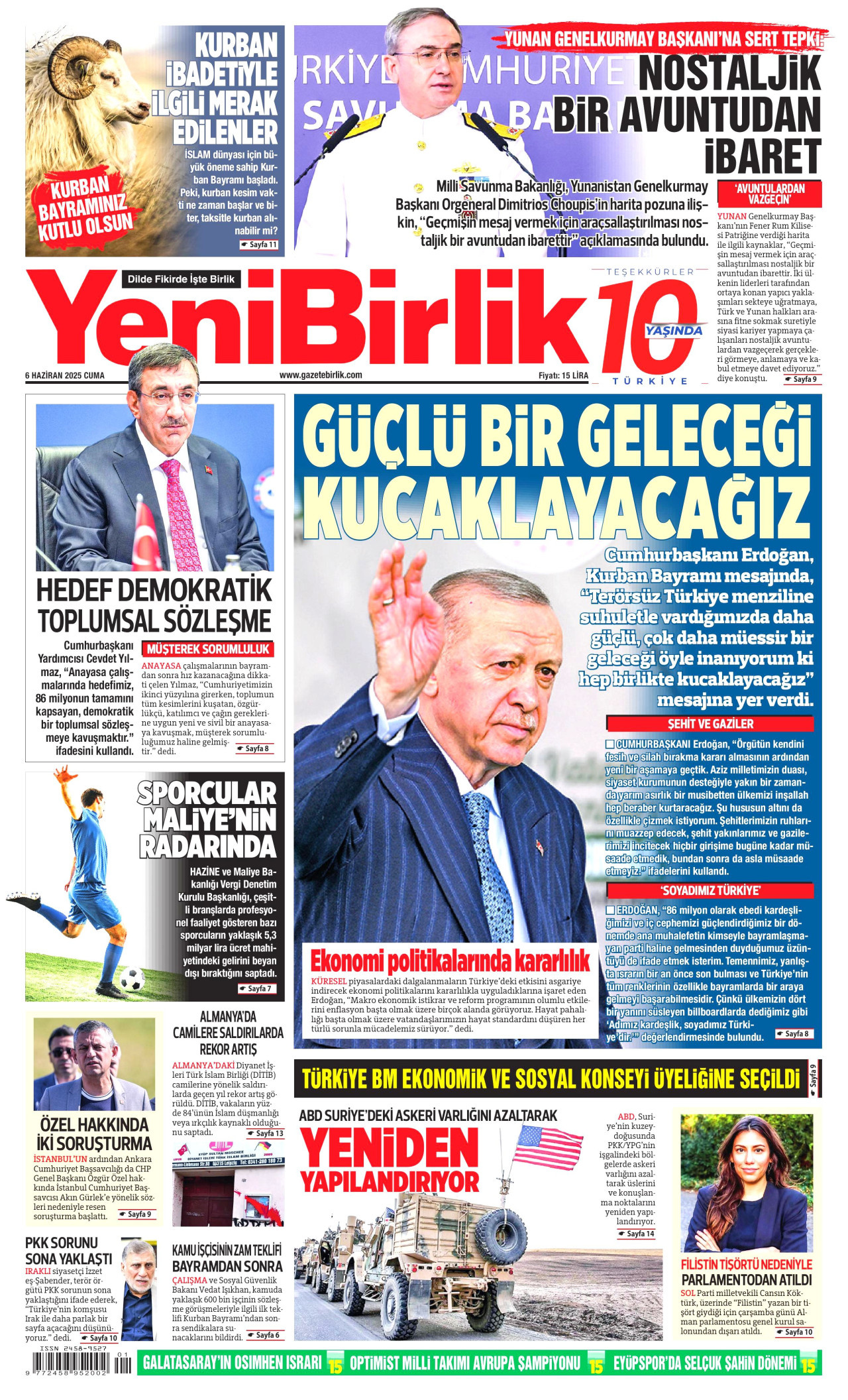 YENİBİRLİK gazetesinin 6 Haziran 2025 tarihli birinci sayfası
