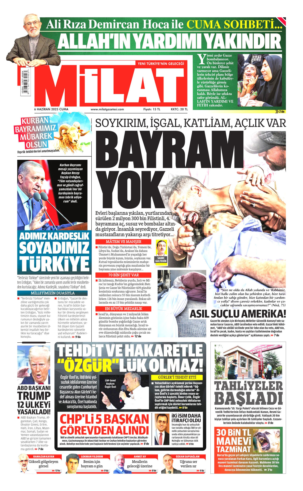 MİLAT gazetesinin 6 Haziran 2025 tarihli birinci sayfası
