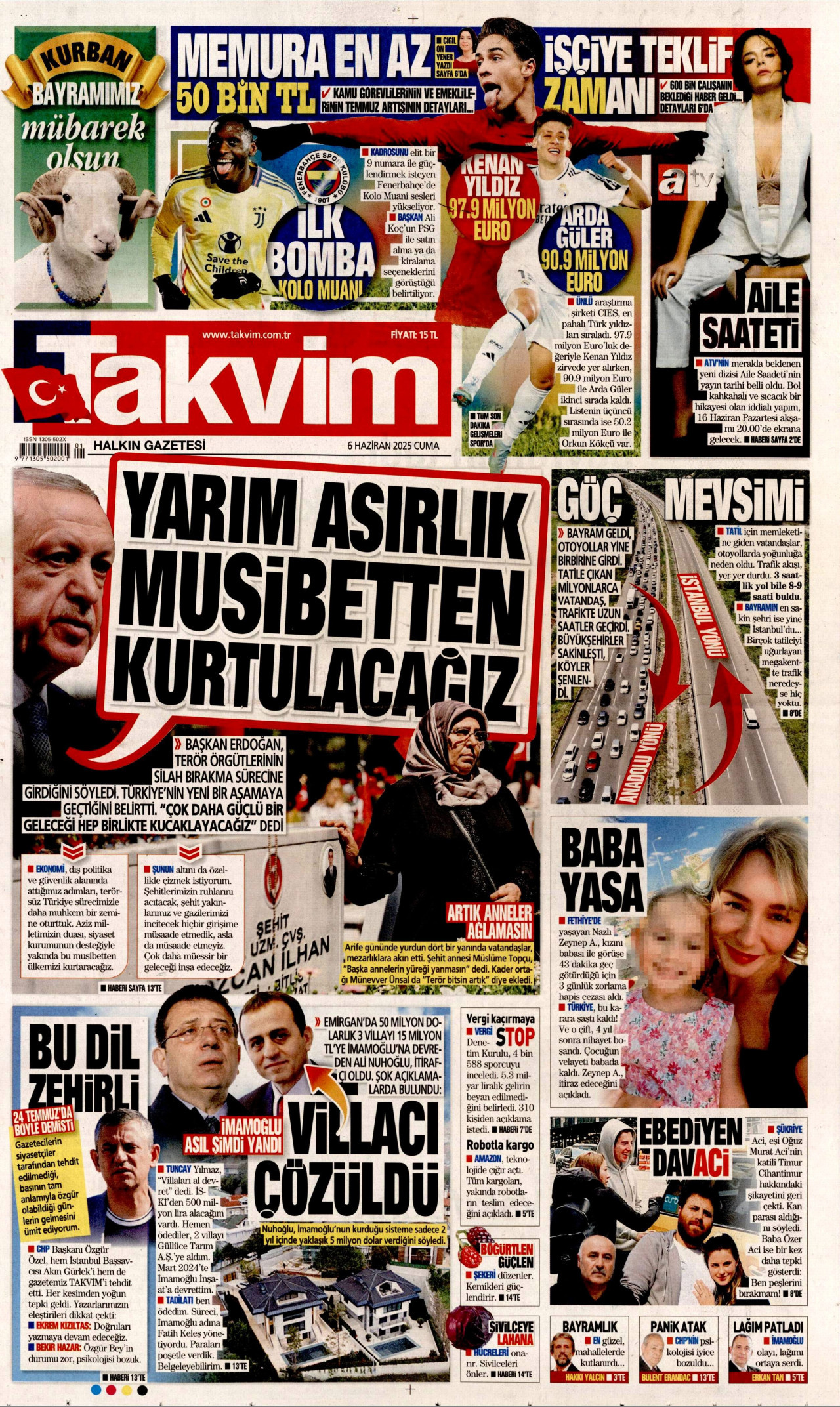 TAKVİM gazetesinin 6 Haziran 2025 tarihli birinci sayfası