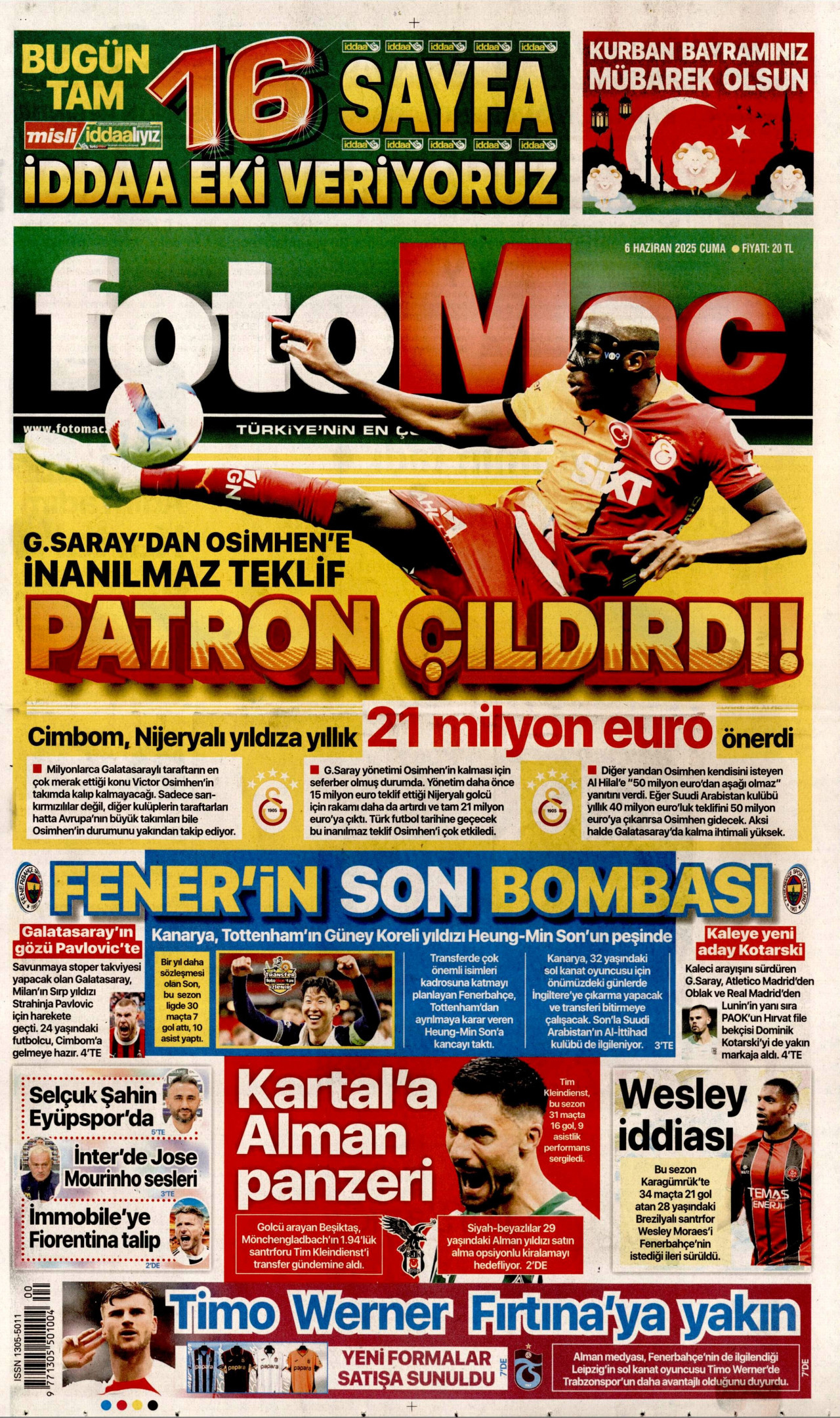 FOTOMAÇ gazetesinin 6 Haziran 2025 tarihli birinci sayfası
