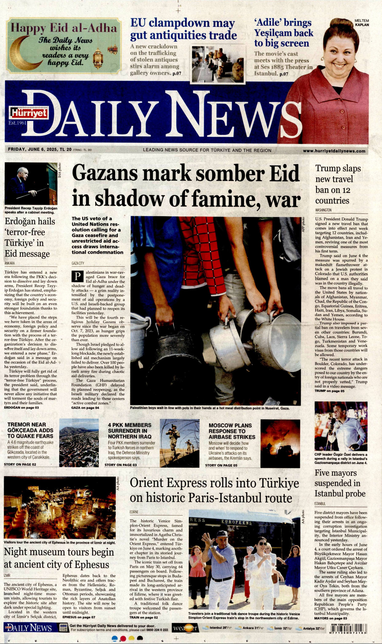 HÜRRİYET DAİLY NEWS gazetesinin 6 Haziran 2025 tarihli birinci sayfası