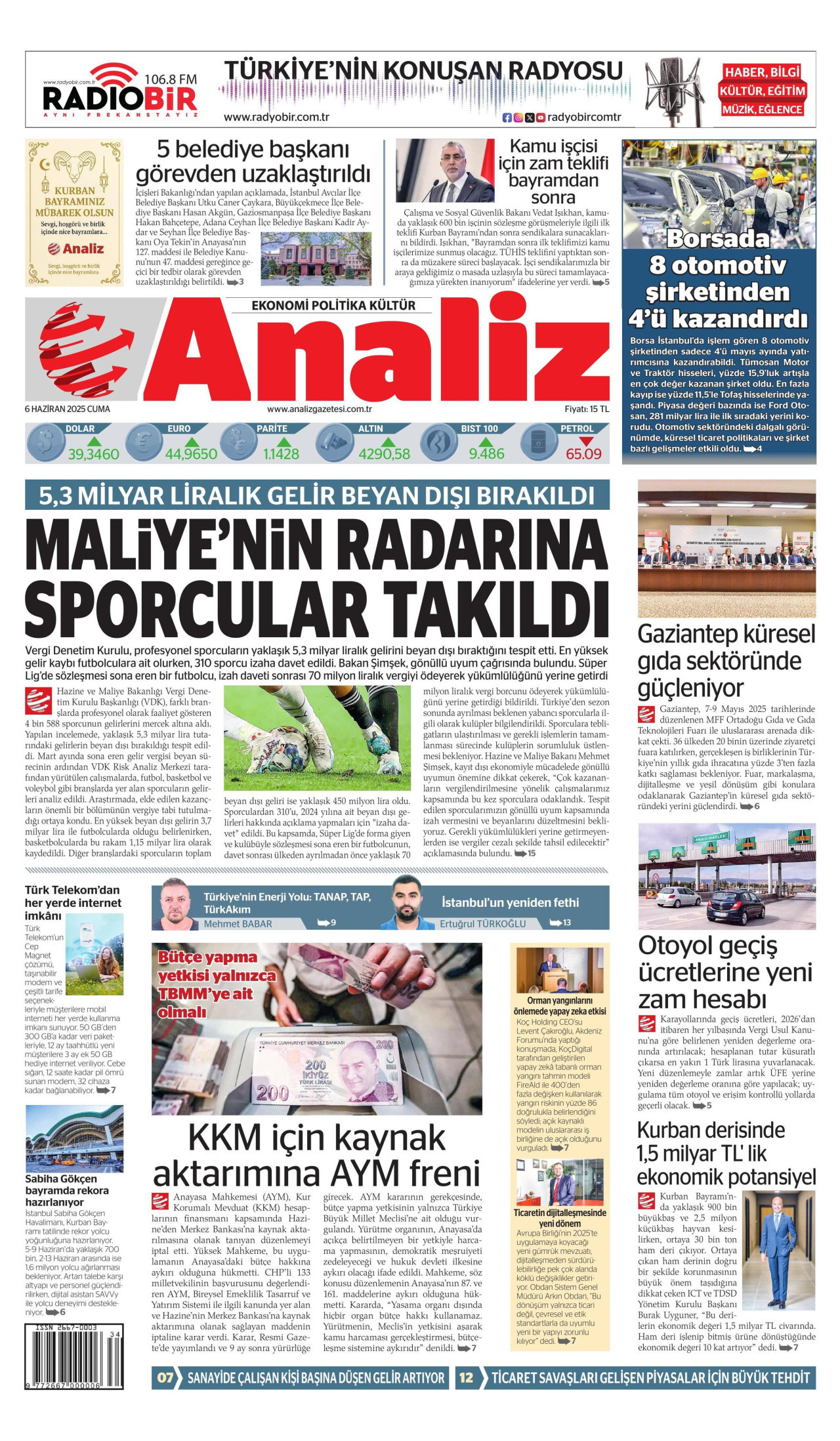 ANALİZ gazetesinin 6 Haziran 2025 tarihli birinci sayfası