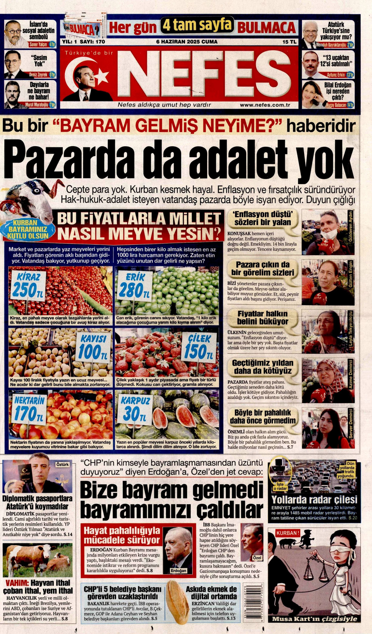 NEFES gazetesinin 6 Haziran 2025 tarihli birinci sayfası