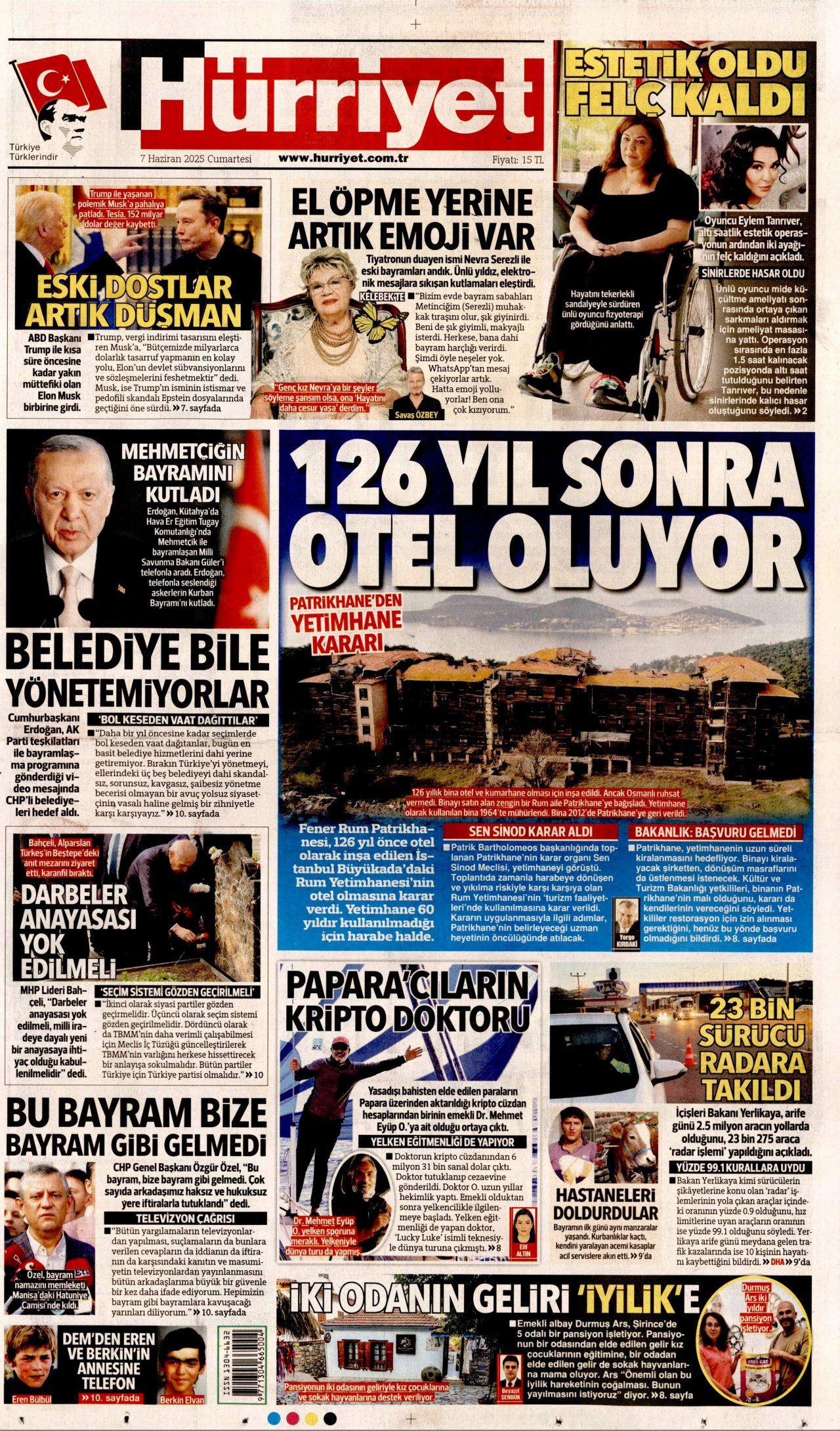 HÜRRİYET gazetesinin 7 Haziran 2025 tarihli birinci sayfası