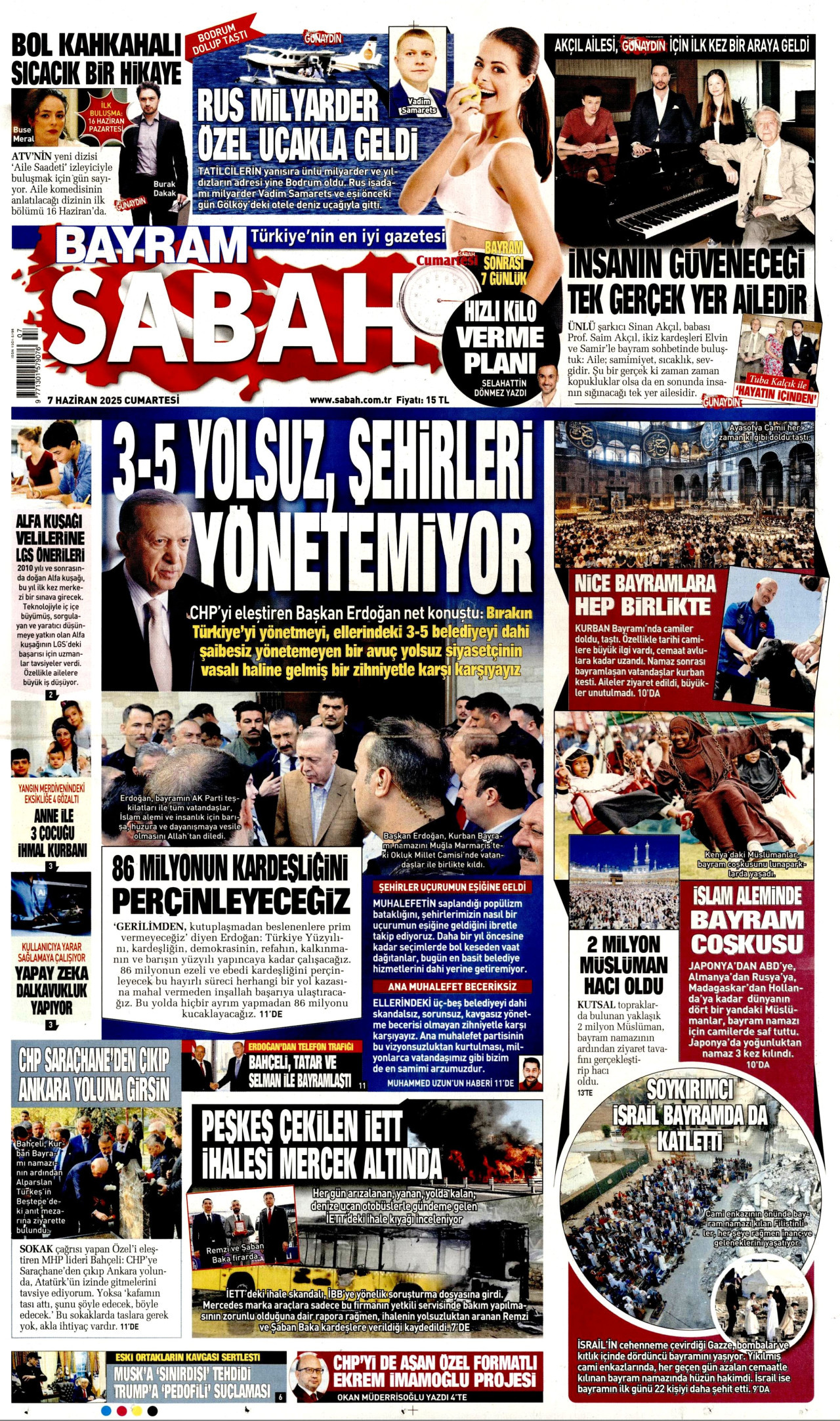 SABAH gazetesinin 7 Haziran 2025 tarihli birinci sayfası