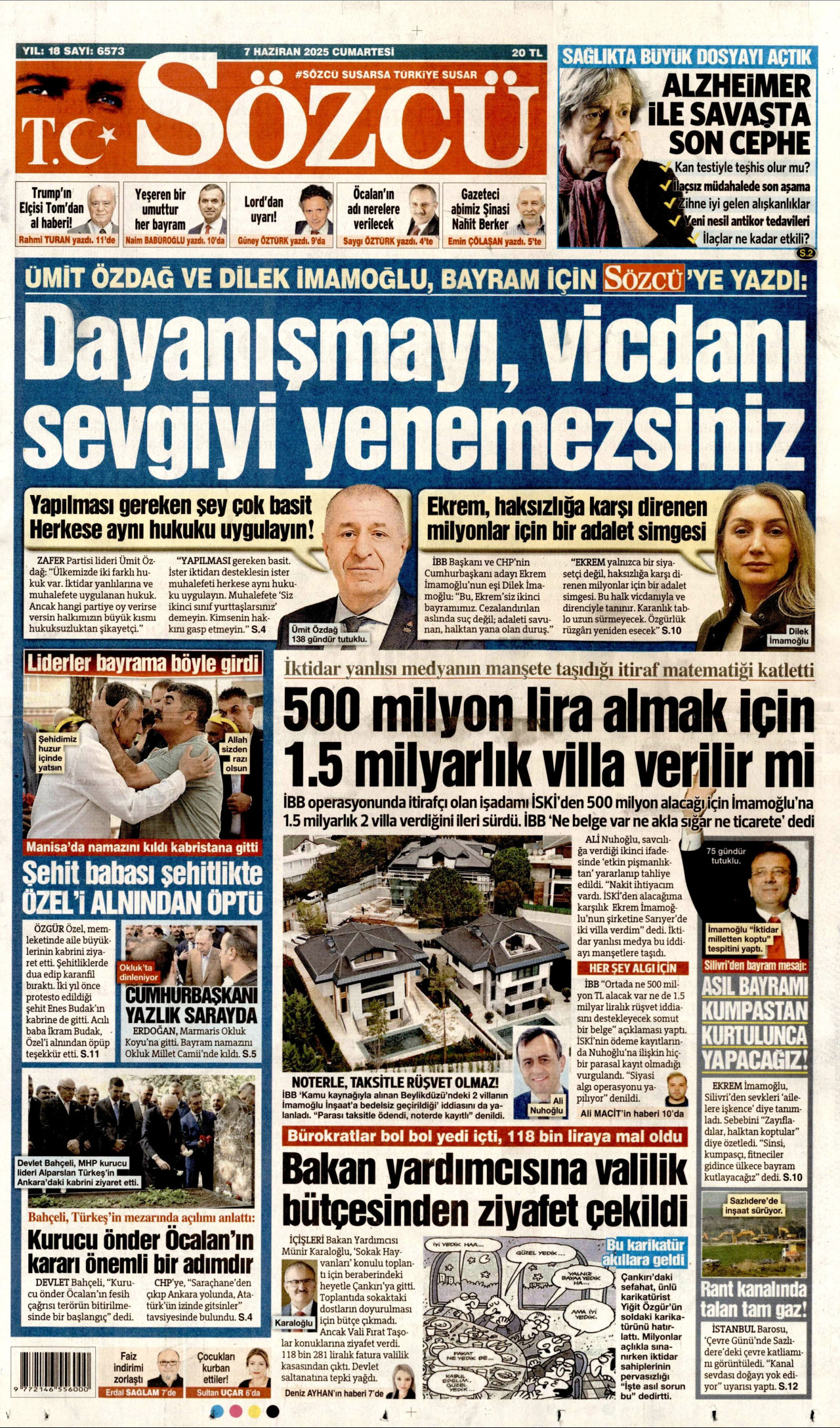SÖZCÜ gazetesinin 7 Haziran 2025 tarihli birinci sayfası