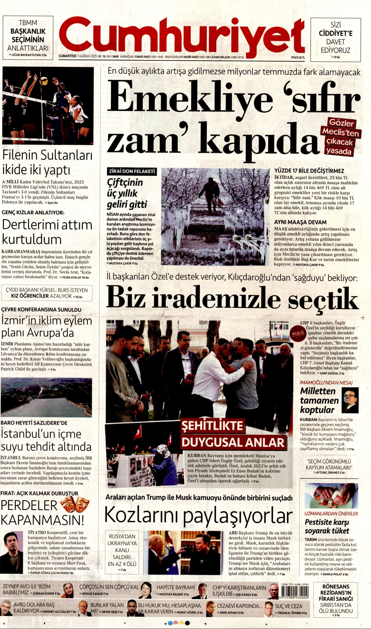 CUMHURİYET gazetesinin 7 Haziran 2025 tarihli birinci sayfası