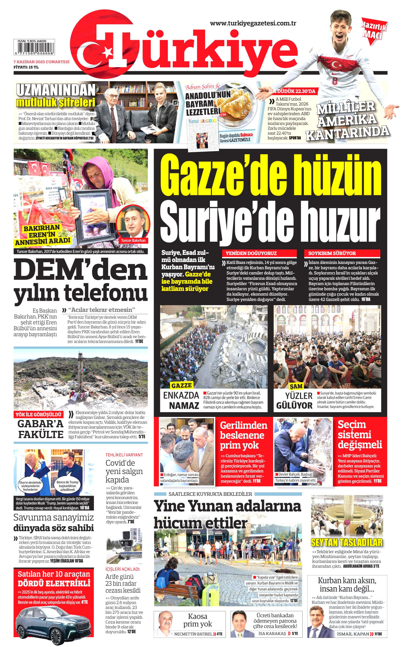 TÜRKİYE GAZETESİ gazetesinin 7 Haziran 2025 tarihli birinci sayfası