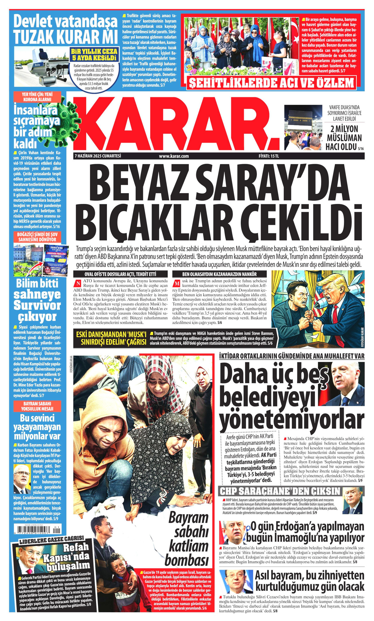 KARAR gazetesinin 7 Haziran 2025 tarihli birinci sayfası
