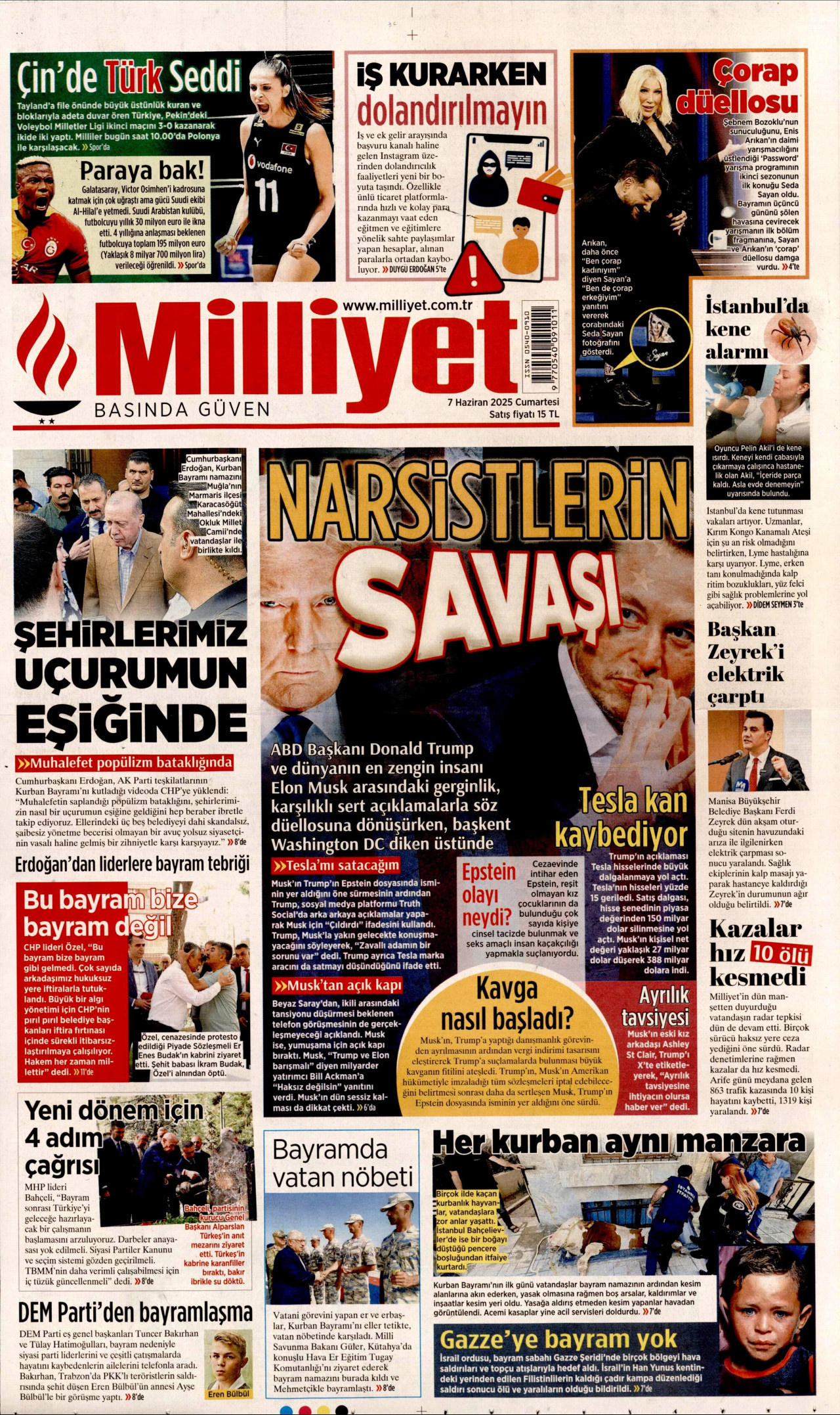 MİLLİYET gazetesinin 7 Haziran 2025 tarihli birinci sayfası