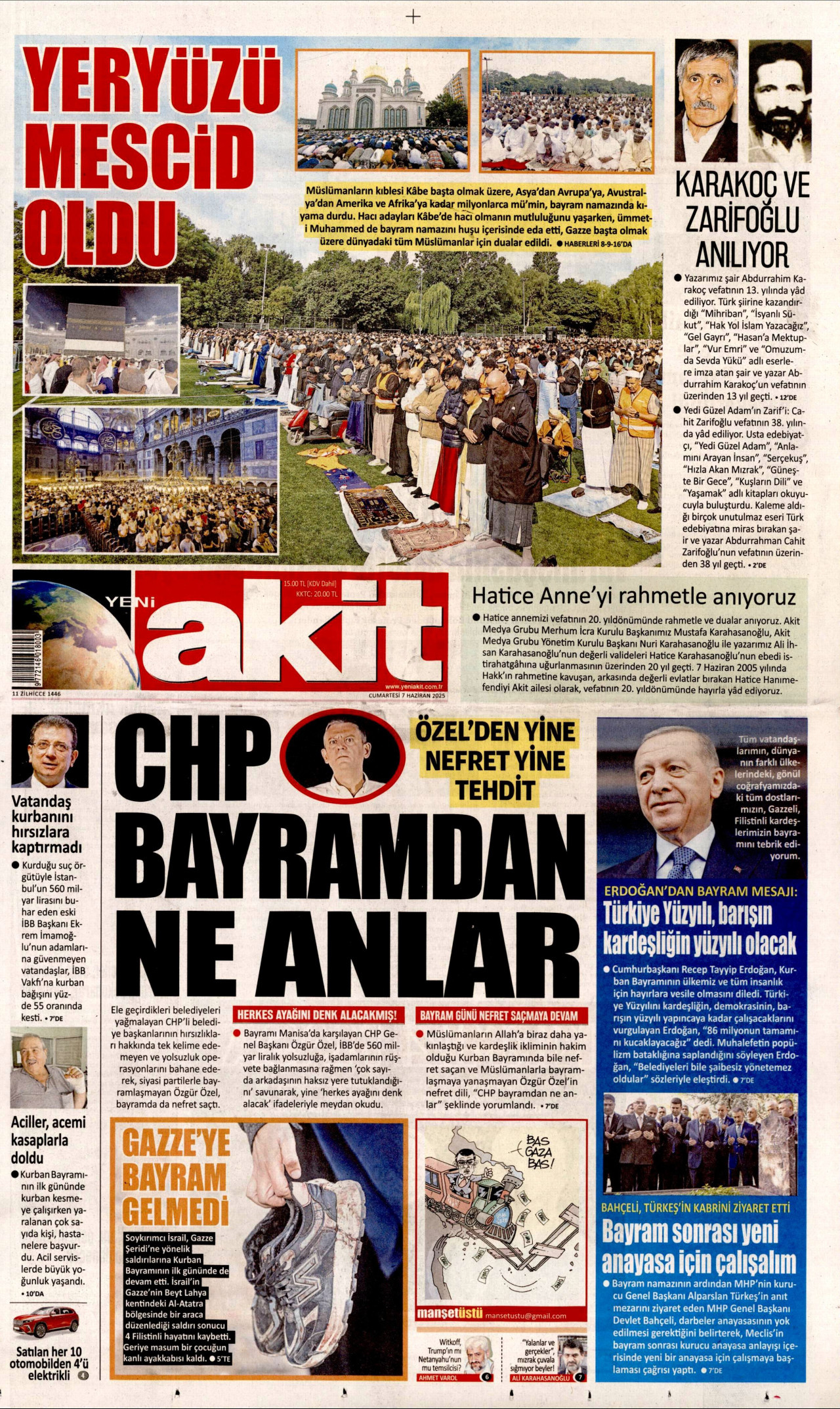 YENİ AKİT gazetesinin 7 Haziran 2025 tarihli birinci sayfası