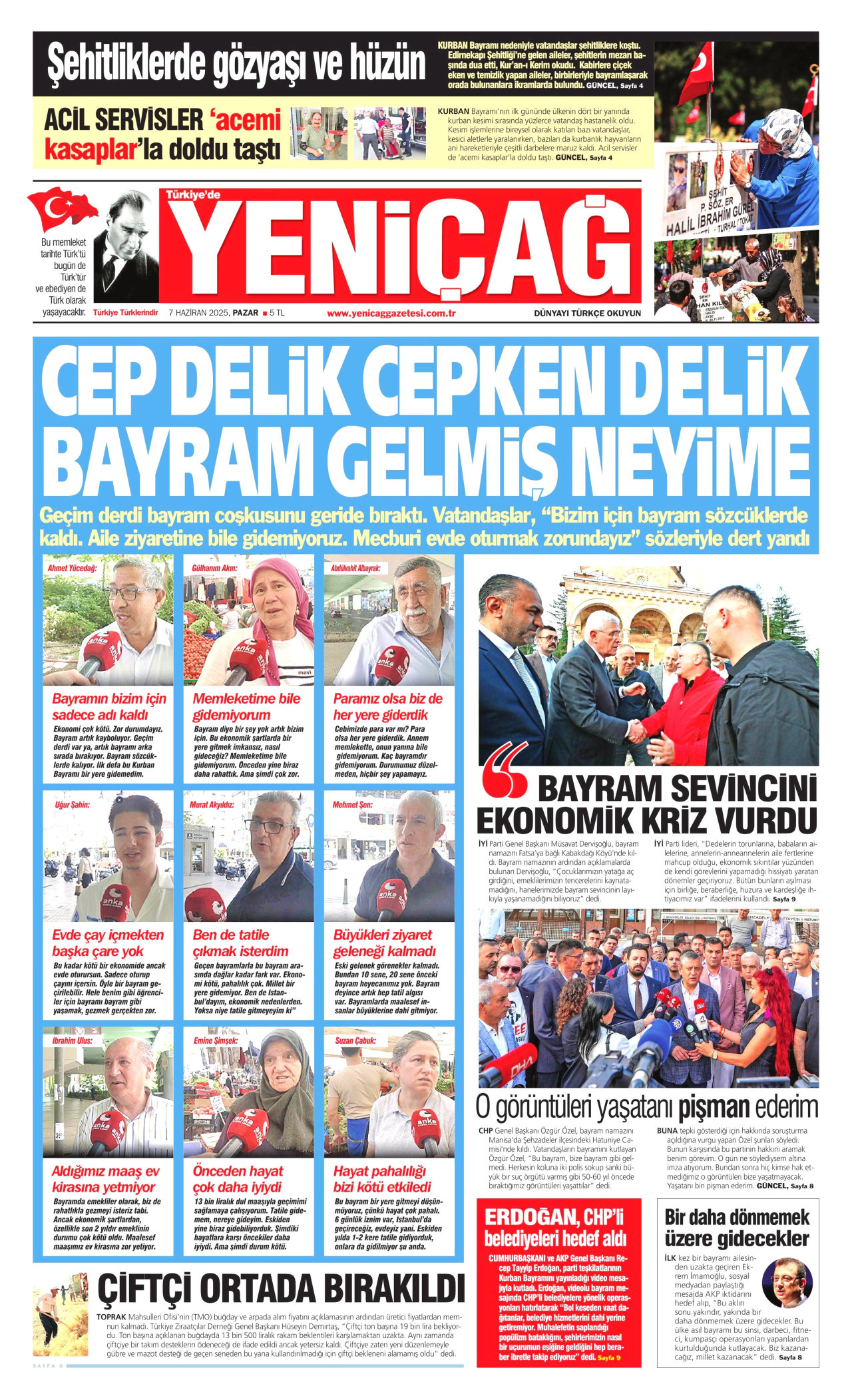 YENİÇAĞ gazetesinin 7 Haziran 2025 tarihli birinci sayfası