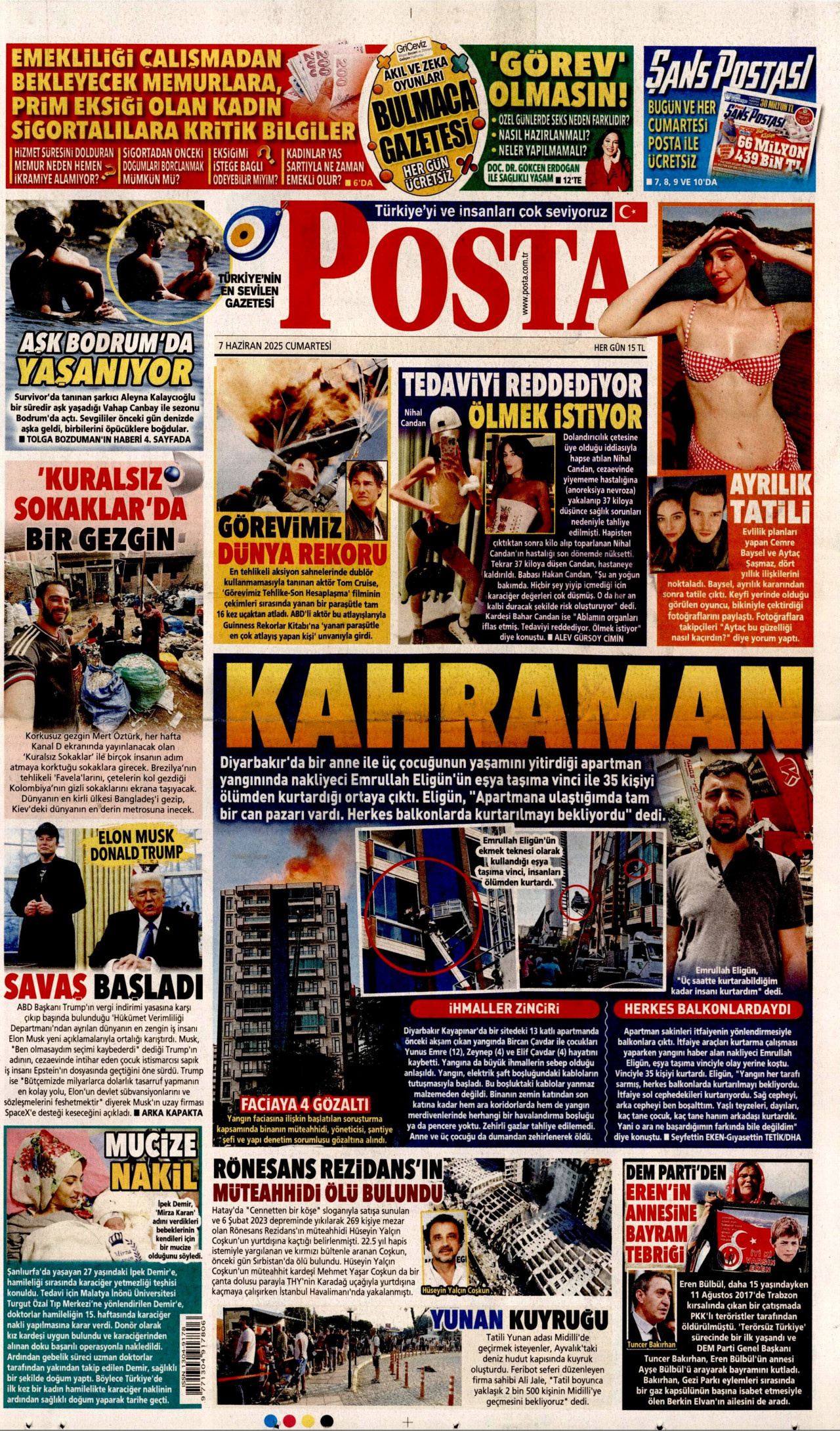 POSTA gazetesinin 7 Haziran 2025 tarihli birinci sayfası