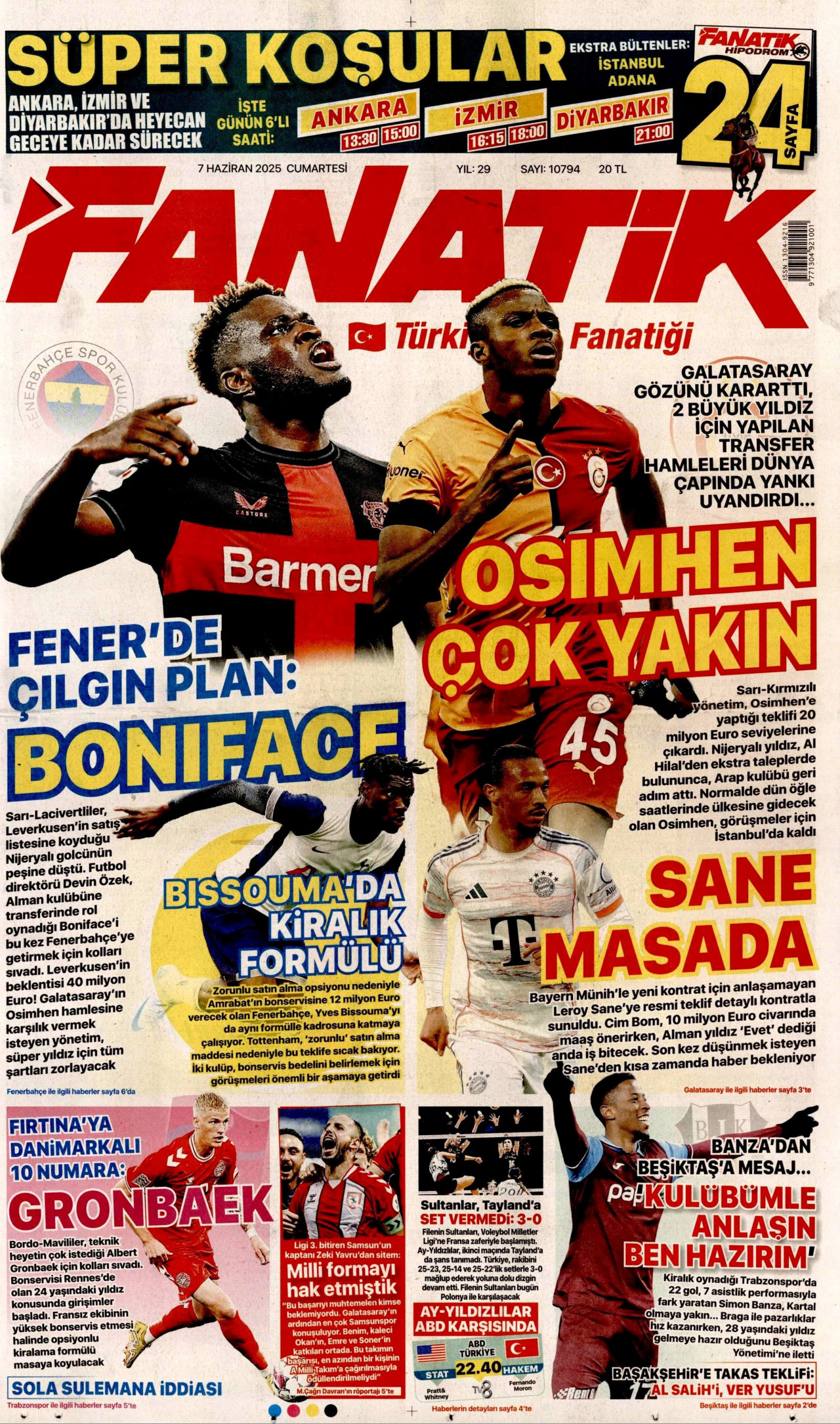 FANATİK gazetesinin 7 Haziran 2025 tarihli birinci sayfası