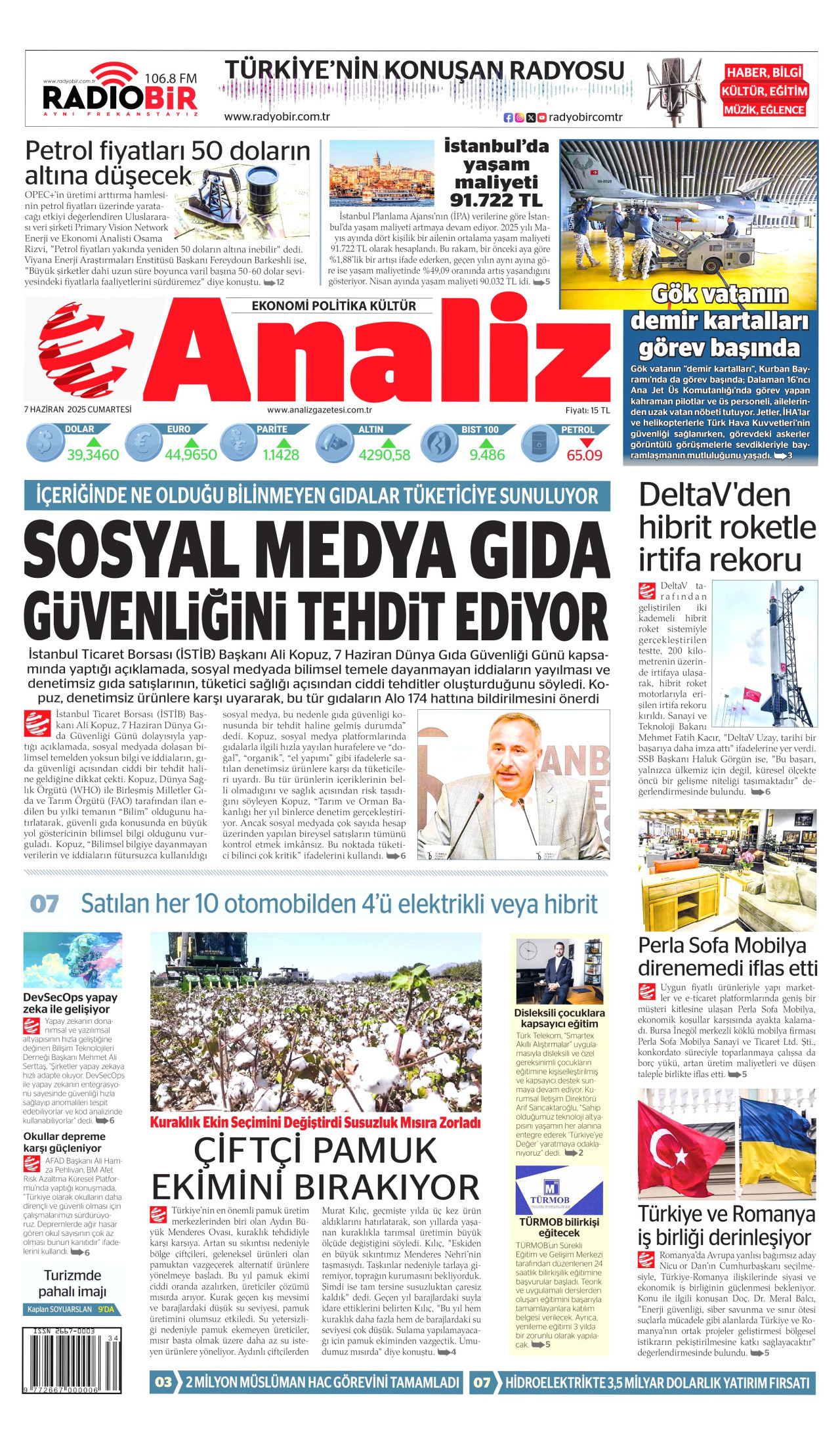 ANALİZ gazetesinin 7 Haziran 2025 tarihli birinci sayfası