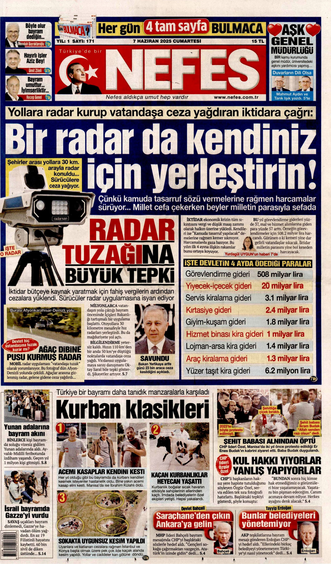 NEFES gazetesinin 7 Haziran 2025 tarihli birinci sayfası