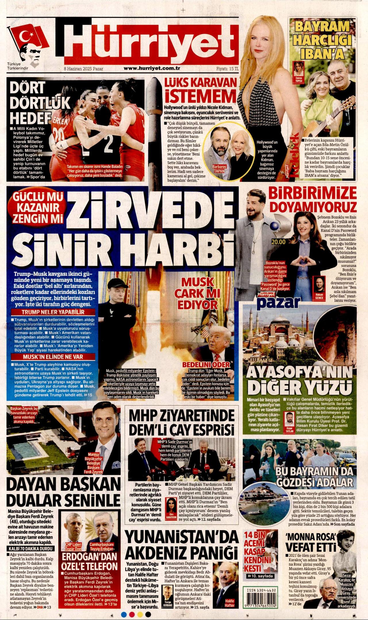 HÜRRİYET gazetesinin 8 Haziran 2025 tarihli birinci sayfası