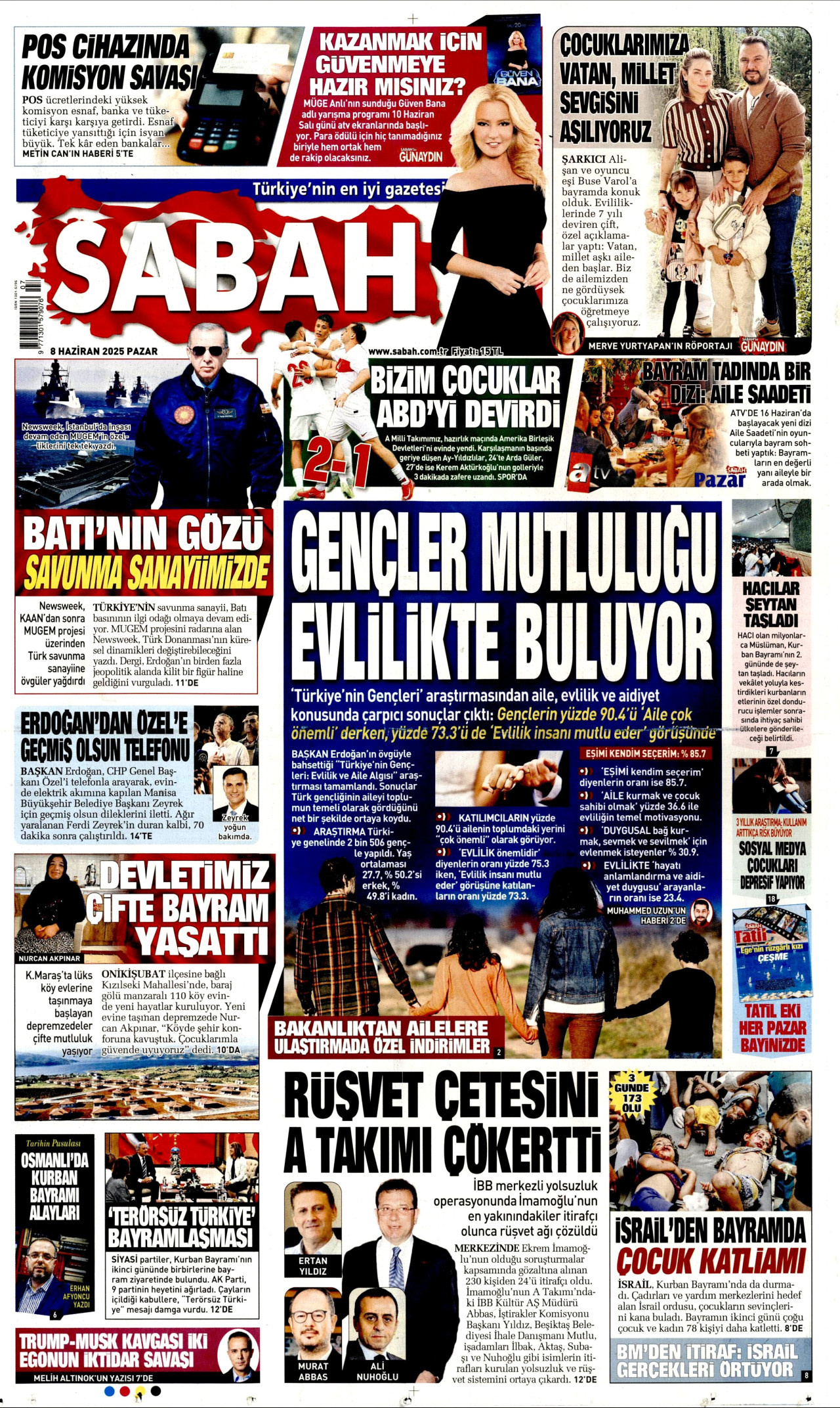 SABAH gazetesinin 8 Haziran 2025 tarihli birinci sayfası
