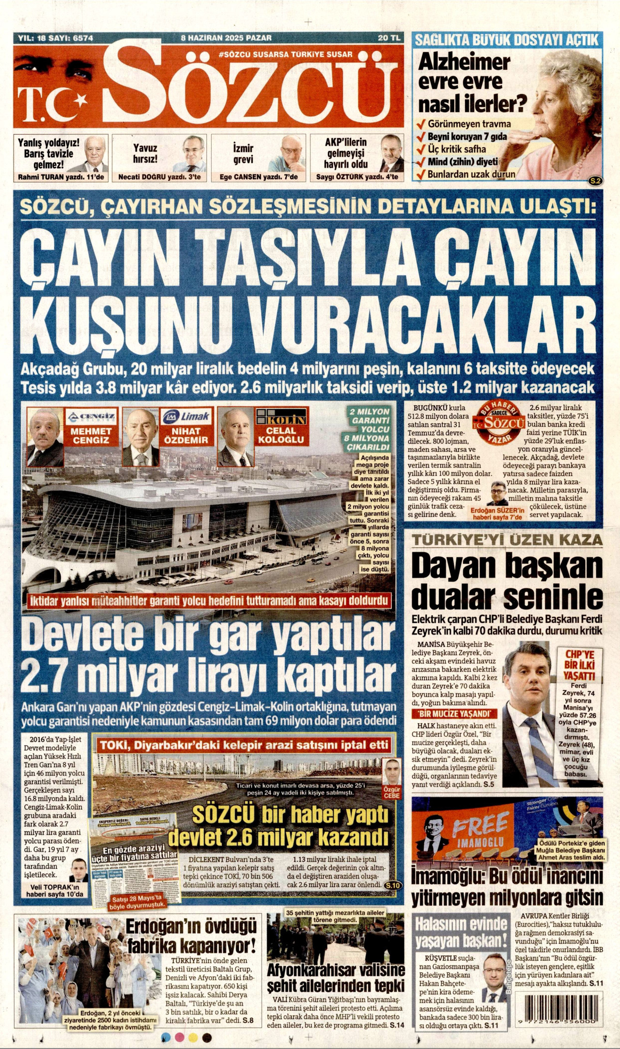 SÖZCÜ gazetesinin 8 Haziran 2025 tarihli birinci sayfası