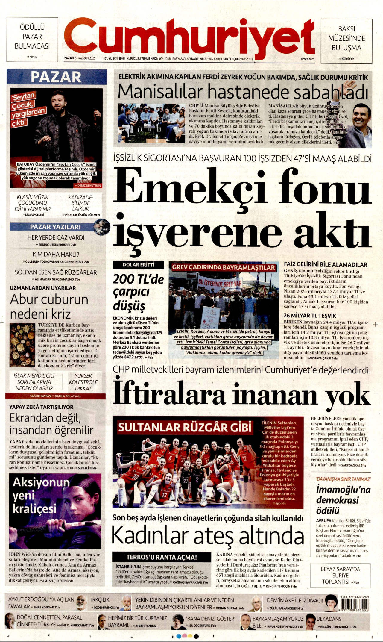 CUMHURİYET gazetesinin 8 Haziran 2025 tarihli birinci sayfası