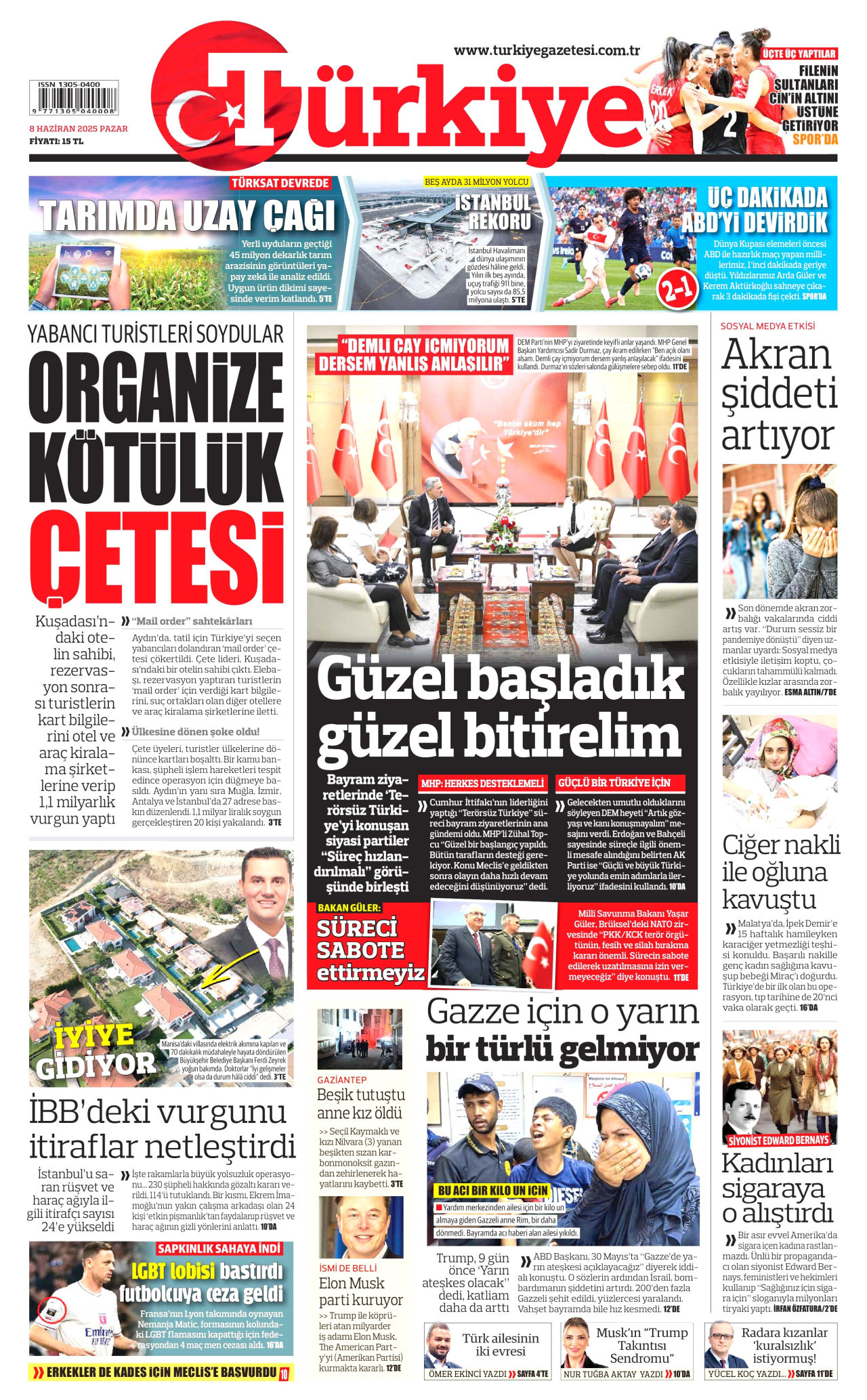 TÜRKİYE GAZETESİ gazetesinin 8 Haziran 2025 tarihli birinci sayfası